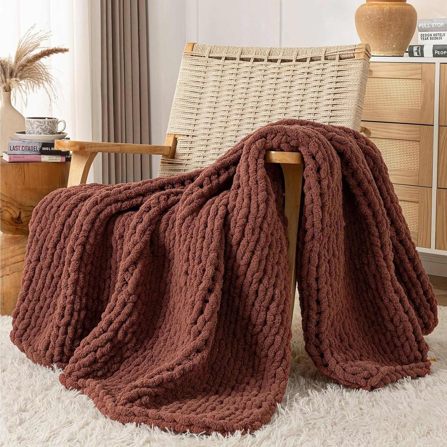 Chunky Knit Blanket Throw, 100% Hand Knit Throw Blanket Handmade Chenille Cable Knit Throw for Couch, Stylish Cozy Soft Rope Knot Crochet Blanket for Home Decor, Copper Brown, 50x60 Inches