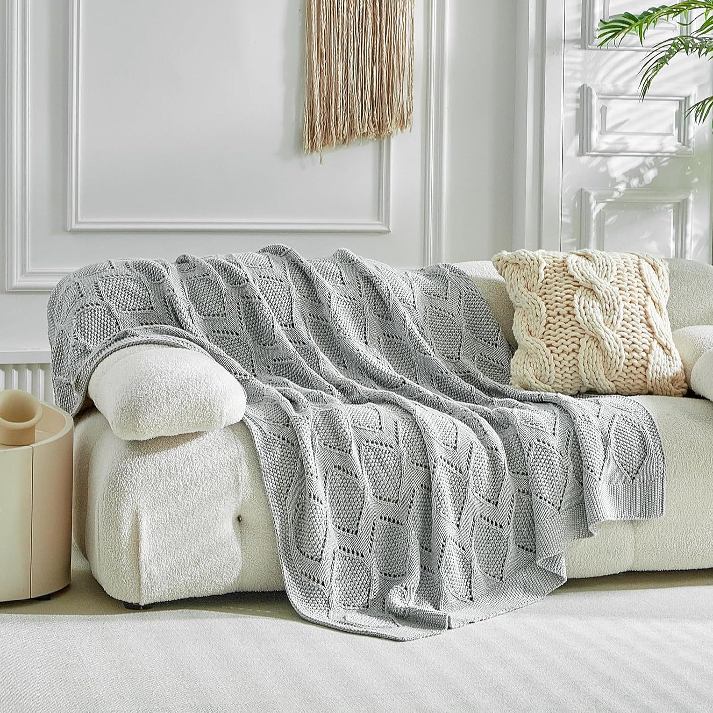 Longhui bedding Chunky Cotton Knit Throw Blanket for Couch, Sofa, Bed, or Chair, Decorative Breathable Fall Cable Knit Blanket 60 x 80 Inches, Large Medium Weight Grey