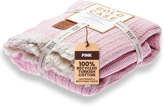 Gold Case Throw Blanket for Couch – 100% Recycled Turkish Cotton Blankets & Throws – Elegant Decorative Throw Blankets for Living Room Sofa – Woven Throws for Couch – Retro Pink – 50x60