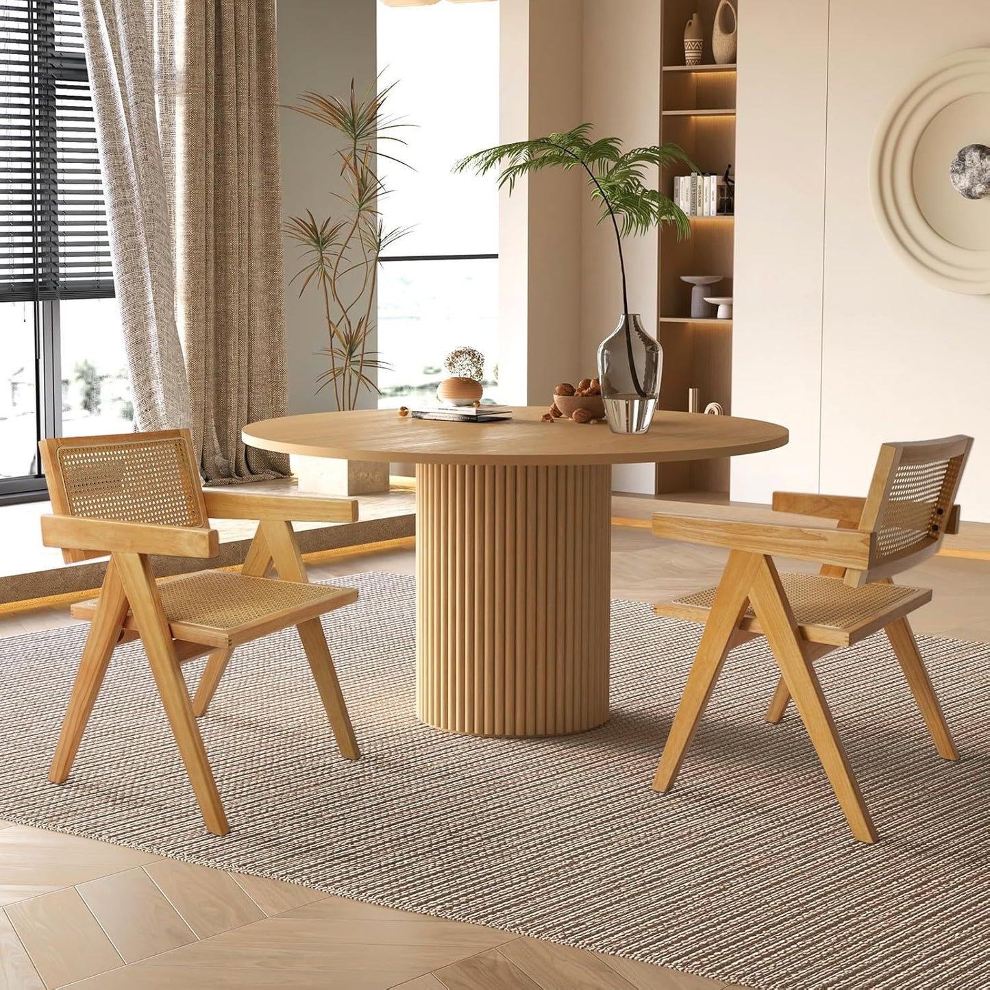 Rattan Dining Chairs Set of 2, Wooden Armchair Cane Kitchen Chairs with Arms, Light Walnut Color