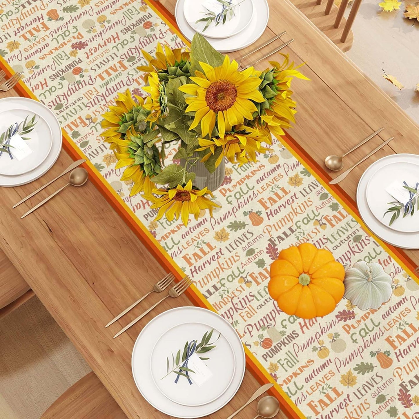 Linen Fall Table Runner 108 Inches Long - Farmhouse Leaves Pumpkin Decor for Autumn Thanksgiving Home Kitchen Dining Room