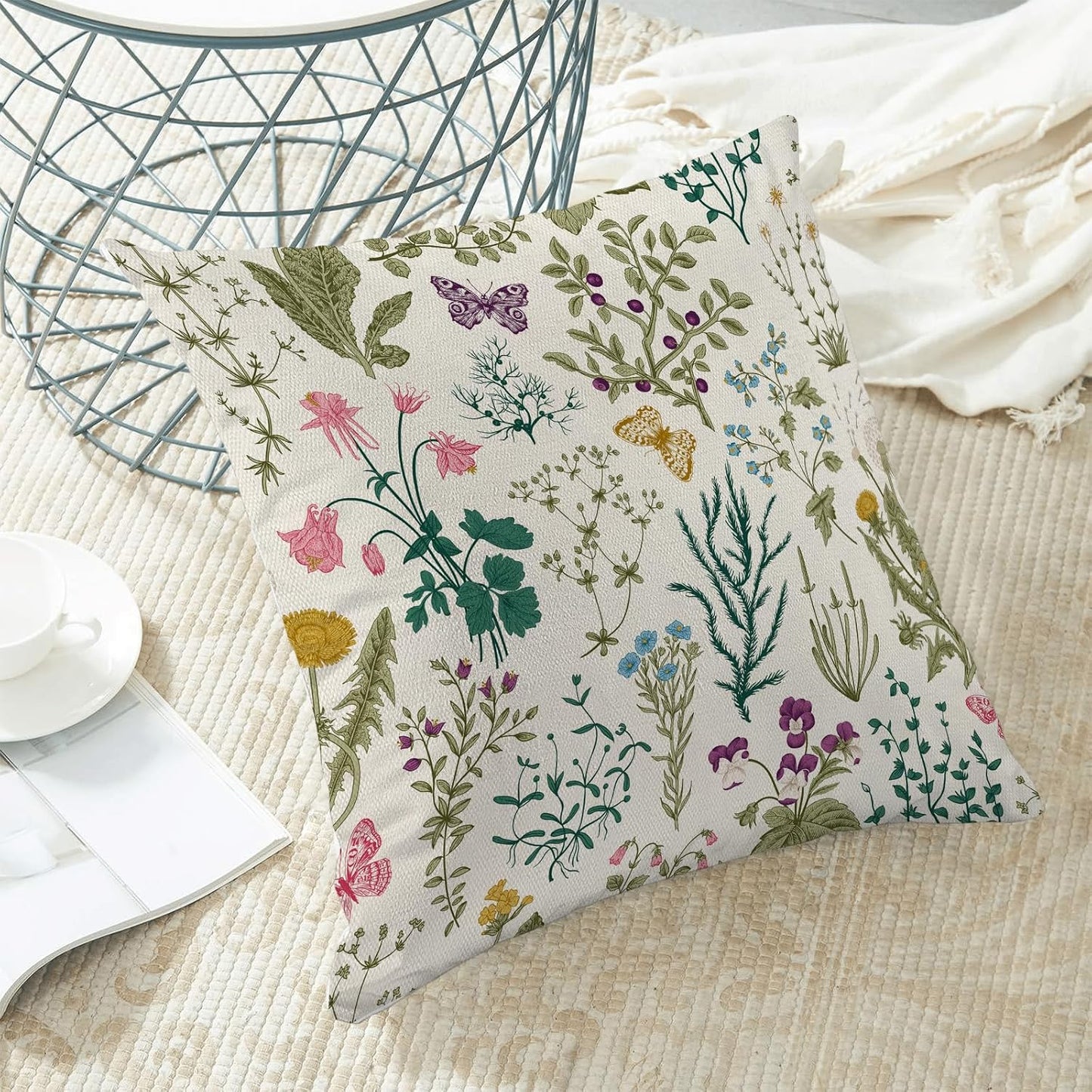CXMEIFLY Spring Pillow Covers 20 x 20 Inch Set of 2 Vintage Sage Green Teal Wild Flowers Decor Throw Pillows Leaves Plant Outdoor Farmhouse Decorative Cushion Cases for Couch Bed Sofa Decoration