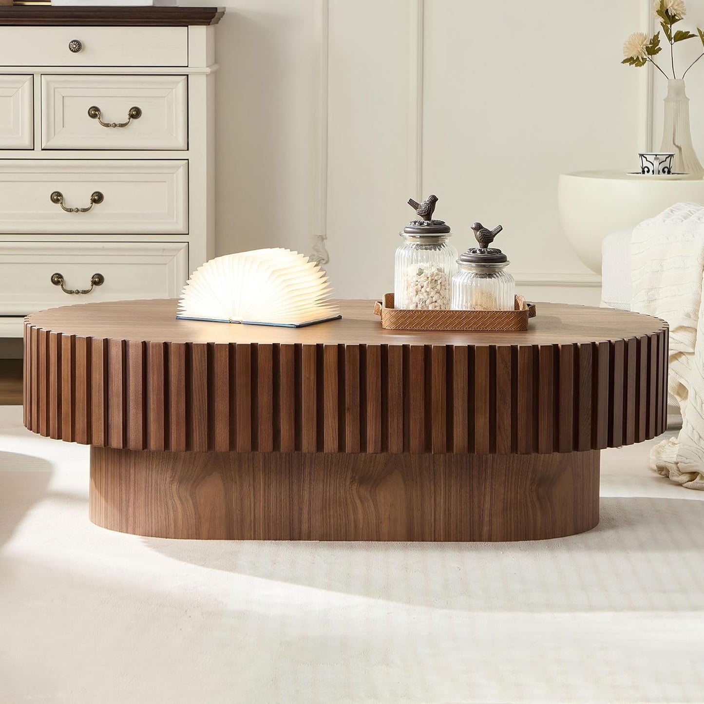 43.7" Oval Coffee Table for Living Room,Modern Handcraft Drum Coffee TableSmall Wooden Coffee Table with Sturdy Pedestal Easy Assembly for Office-Walnut