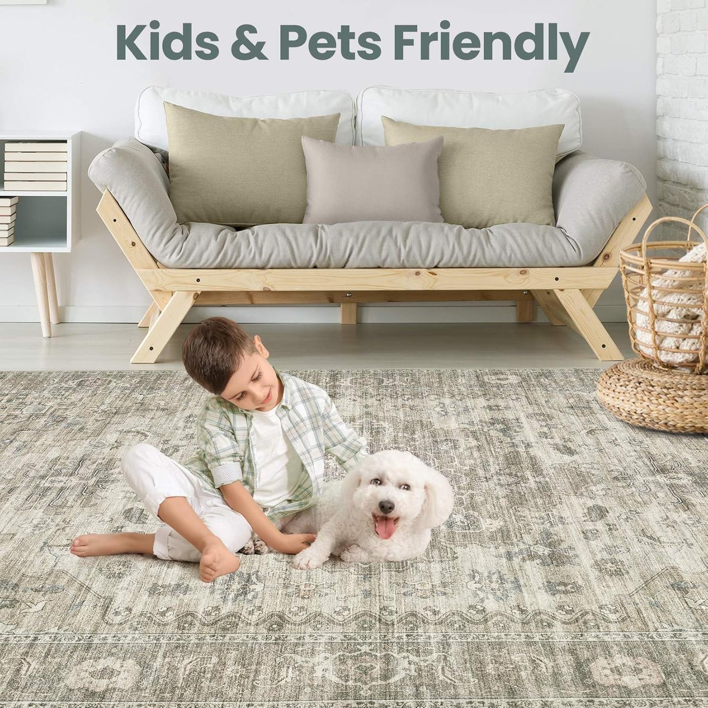 Washable Area Rugs for Living Room -10x12 Neutral Vintage Distressed Floral Farmhouse Boho Large Soft Floor Rug Indoor Non Slip Carpet for Living Room Bedroom Dining Room Office -Brown/Tan