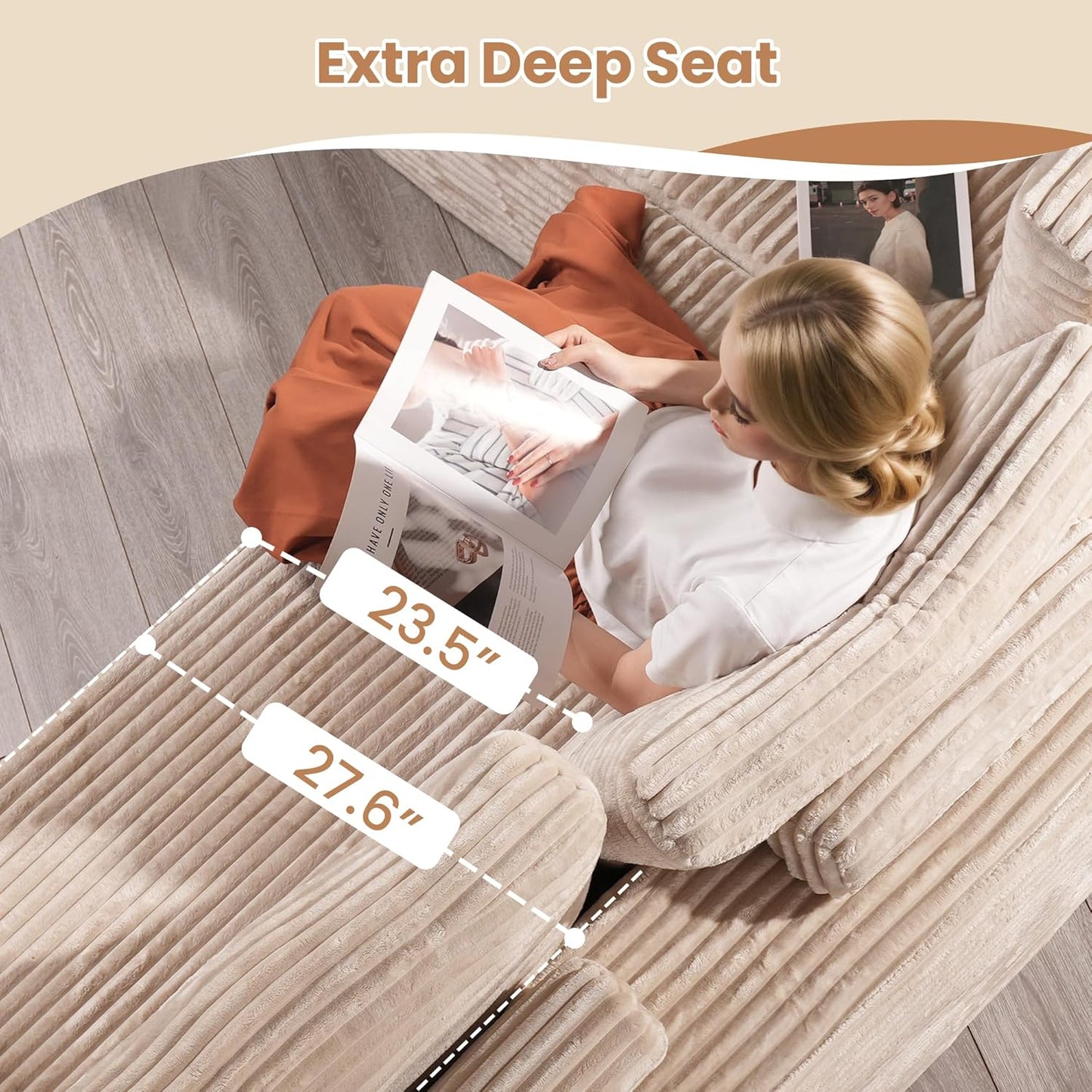 HOOOWOOO Cloud Sectional Couches for Living Room,Modular Sectional Sofa No Assembly,136X108 Inch Plush Corduroy Large U Shaped Floor Couch Set with Deep Seat Ottoman(Beige)