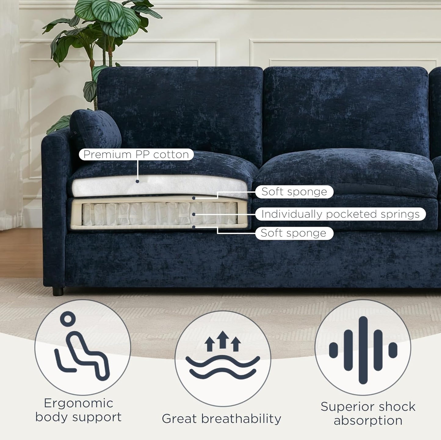 Tbfit Modern Couch Sofa, 89" Cloud Couch w/Pillows, Pocketed Spring Seat, Comfy 3-Seater Plush Foam Cushions, Chenille Fabric Removable Covers, Soft Upholstered Living Room Furniture Home Apartment