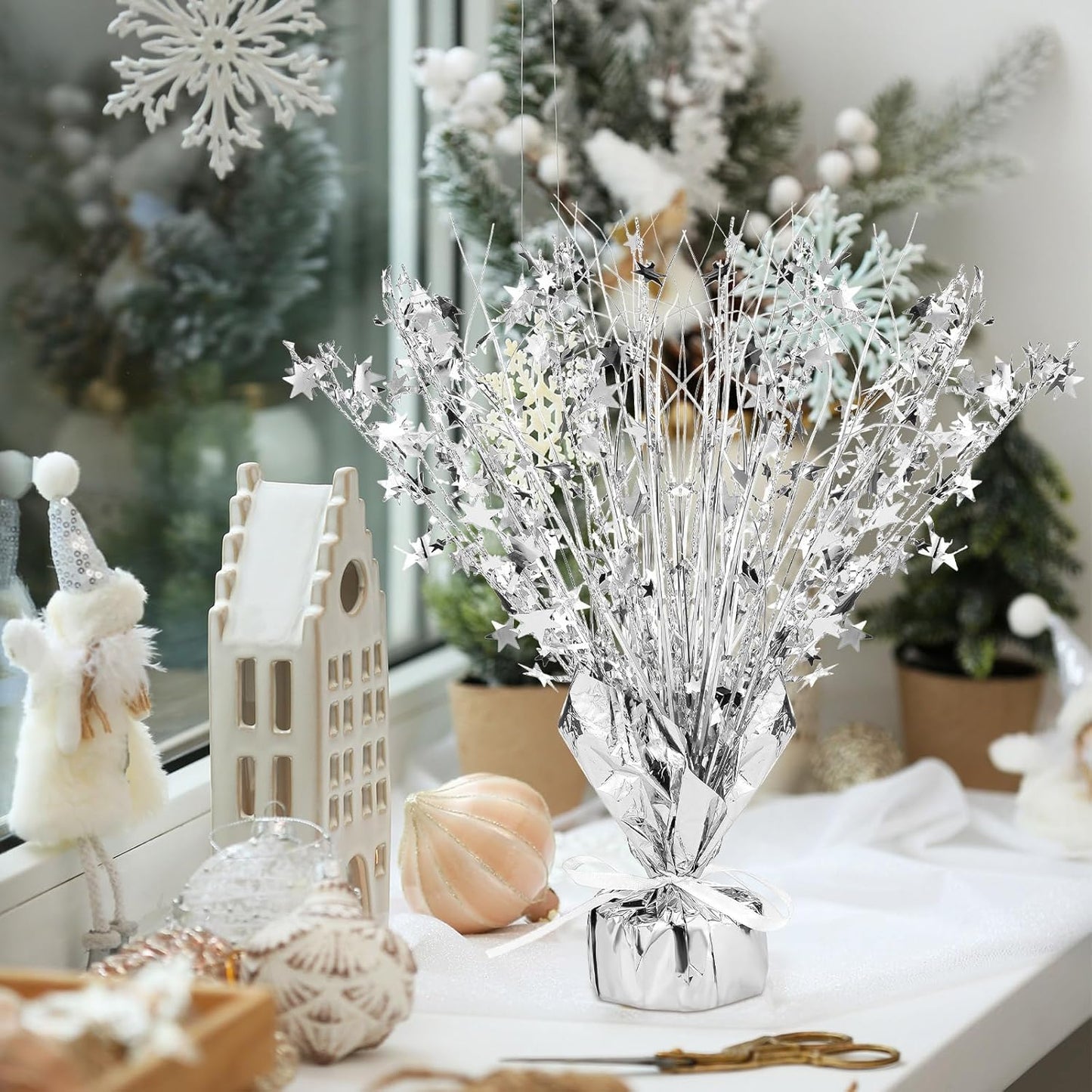 Crowye 18 Pieces Metallic Foil Spray Centerpiece Party Star Table Decoration Burst Metallic Table Centerpieces for Birthday Party Season Holiday(Silver)