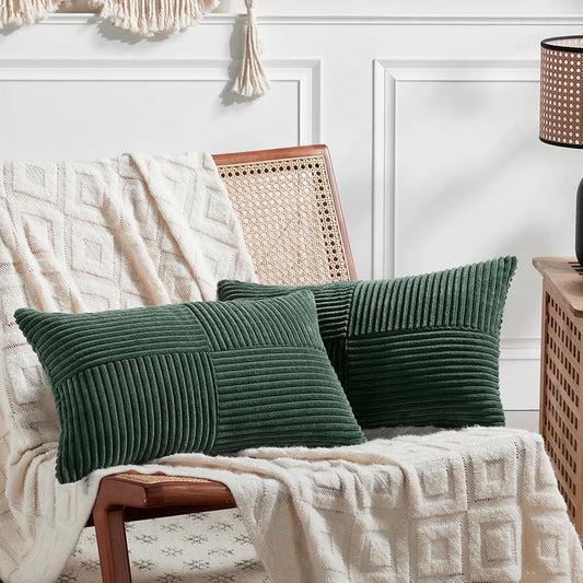 Fancy Homi Set of 2 Dark Green Lumbar Decorative Throw Pillow Covers 20x28 Inch for Living Room Couch Bed, Boho Farmhouse Forest Green Home Decor, Soft Corduroy Corss Patchwork Cushion Case
