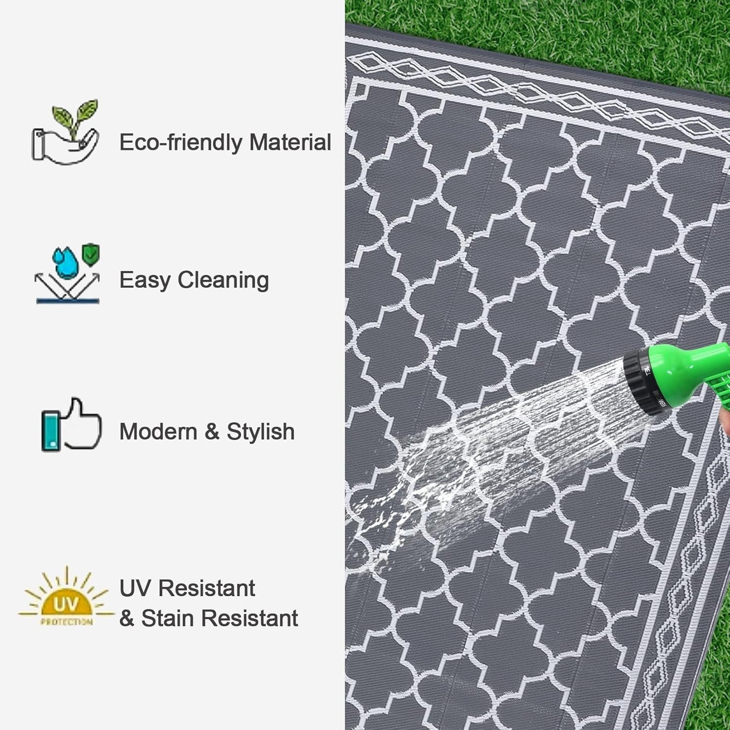 GAOMON Outdoor Rug for Patio 5'x8' Reversible Plastic Rugs Camping Mat for Outdoor, RV, Backyard, Deck, Balcony, Picnic, Beach, Grey/White(Geometric)
