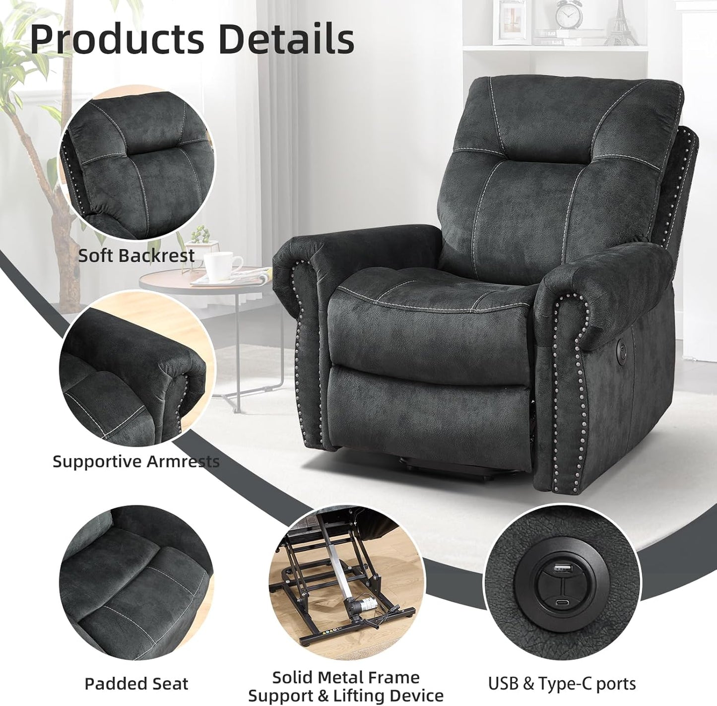 EBELLO 3 Pieces Reclining Couch Furniture Set for Living Room, Double 1 Seat Power Recliner Chair with Massage and Heat, a 3 Seater Manual Sofa, Vintage Rivet Mid-Century Design, Grey