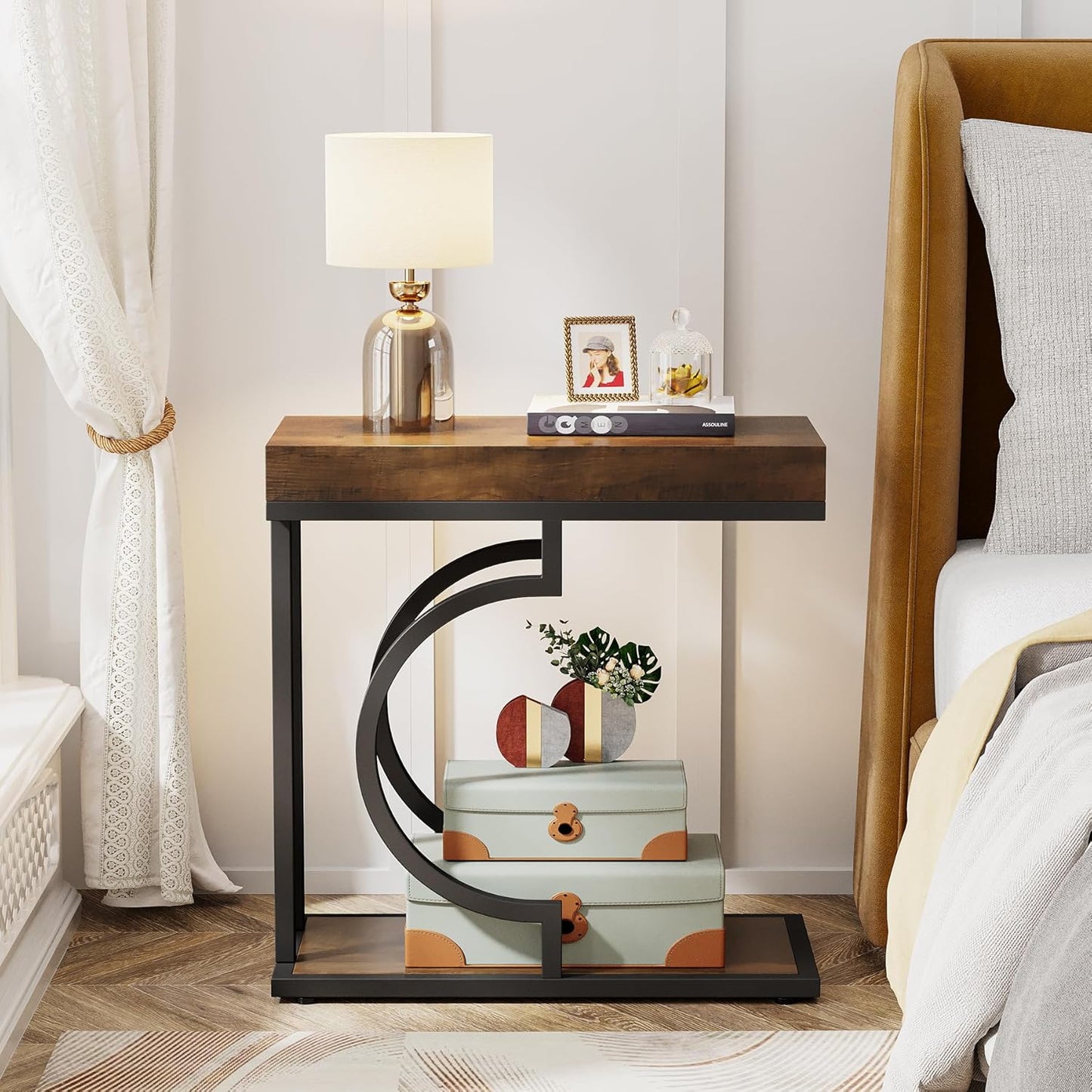Tribesigns Narrow Side Table Brown Black C Shaped End Table Modern Bedside Tables for Couch, Small Sofa Tables with Metal Frame for Living Room (1, Brown+Black)
