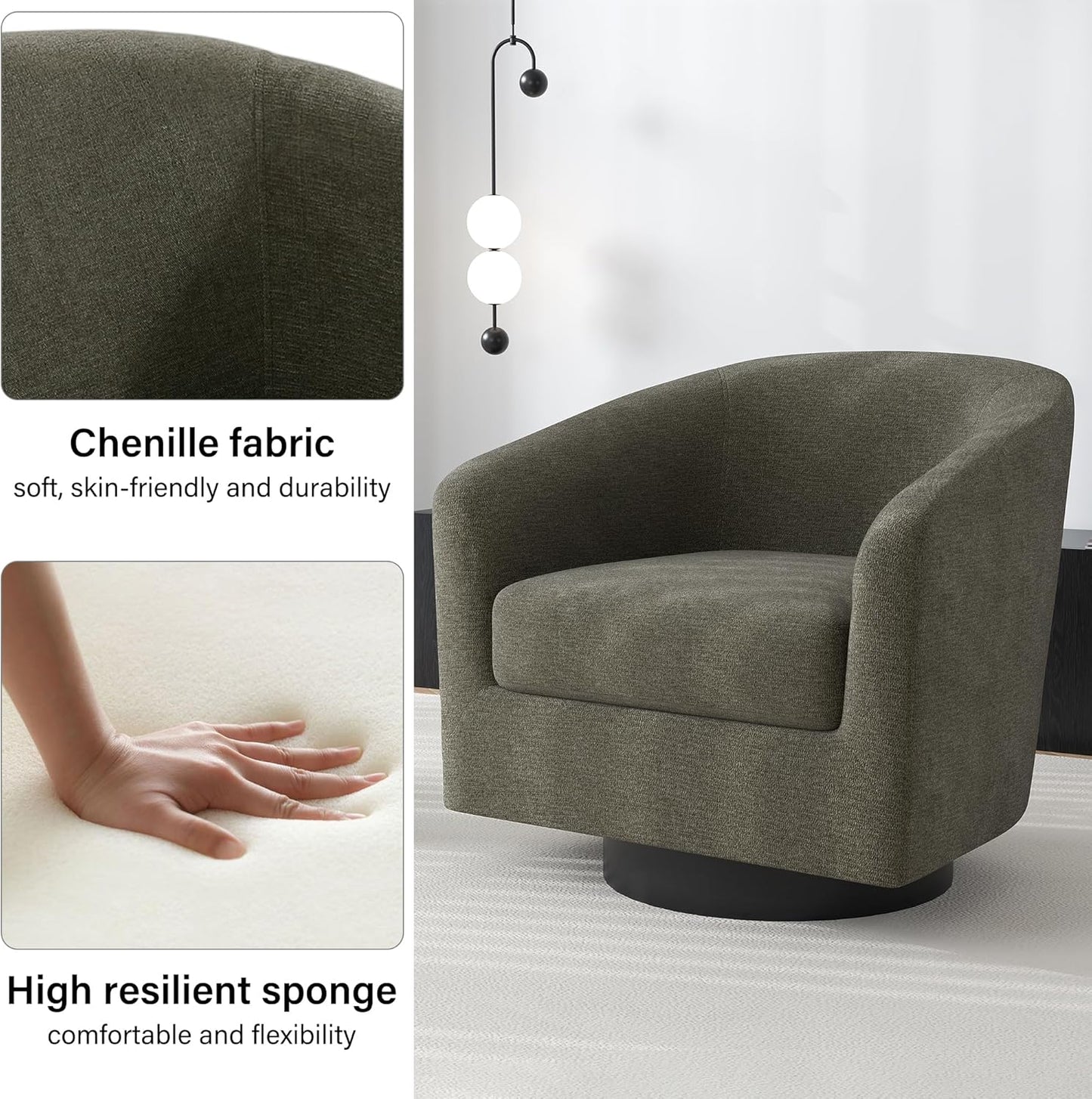 Swivel Barrel Accent Chair, Modern Round Chenille Fabric Arm Chair for Living Room, Bedroom, Comfy Club Reading Chairs for Adults（Chenille Fabric, Tan, Set of 1