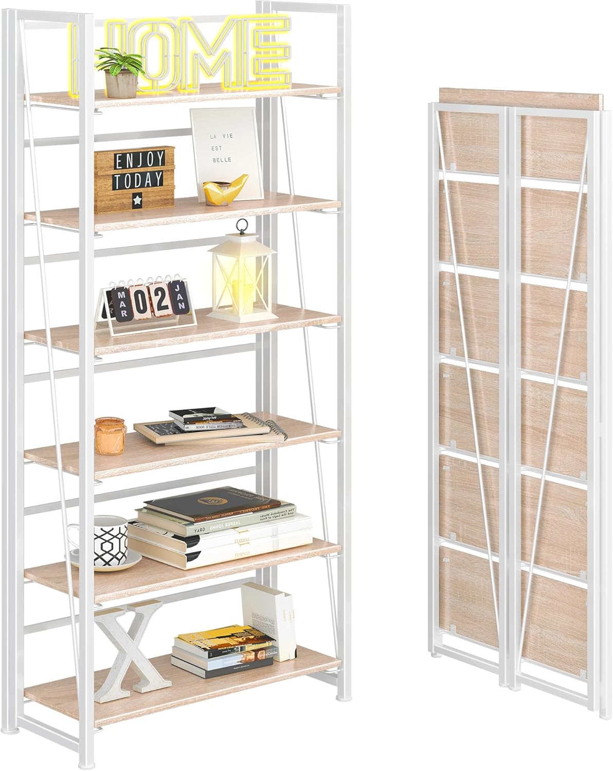 4NM No Assembly Foldable Bookshelf, 6-Shelf Collapsible Bookcase Storage for Small Spaces, 74" H, Natural White