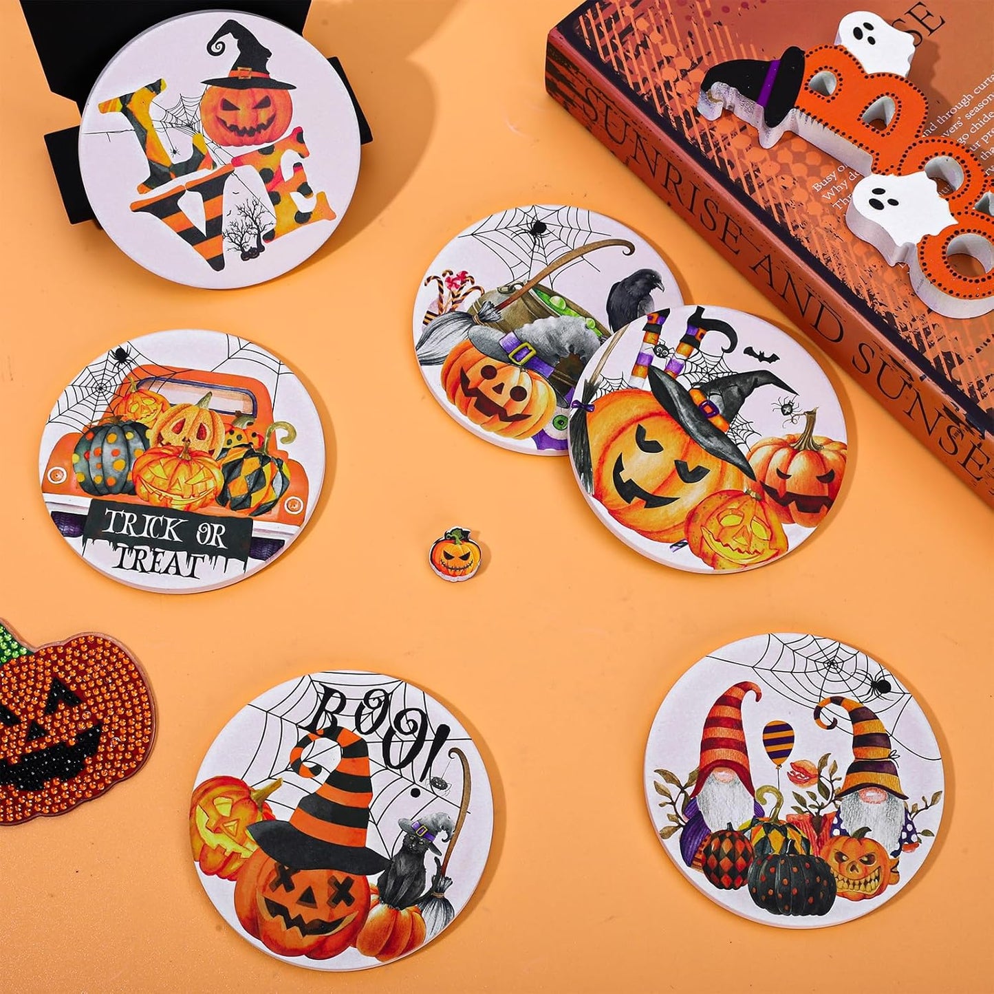 Whaline 6Pcs Halloween Coasters Watercolor Ceramic Coasters Pumpkin Gnome Pattern Drink Coasters Cup Mat for Table Room Decor Party Supplies, 4.1 x 0.3 Inch