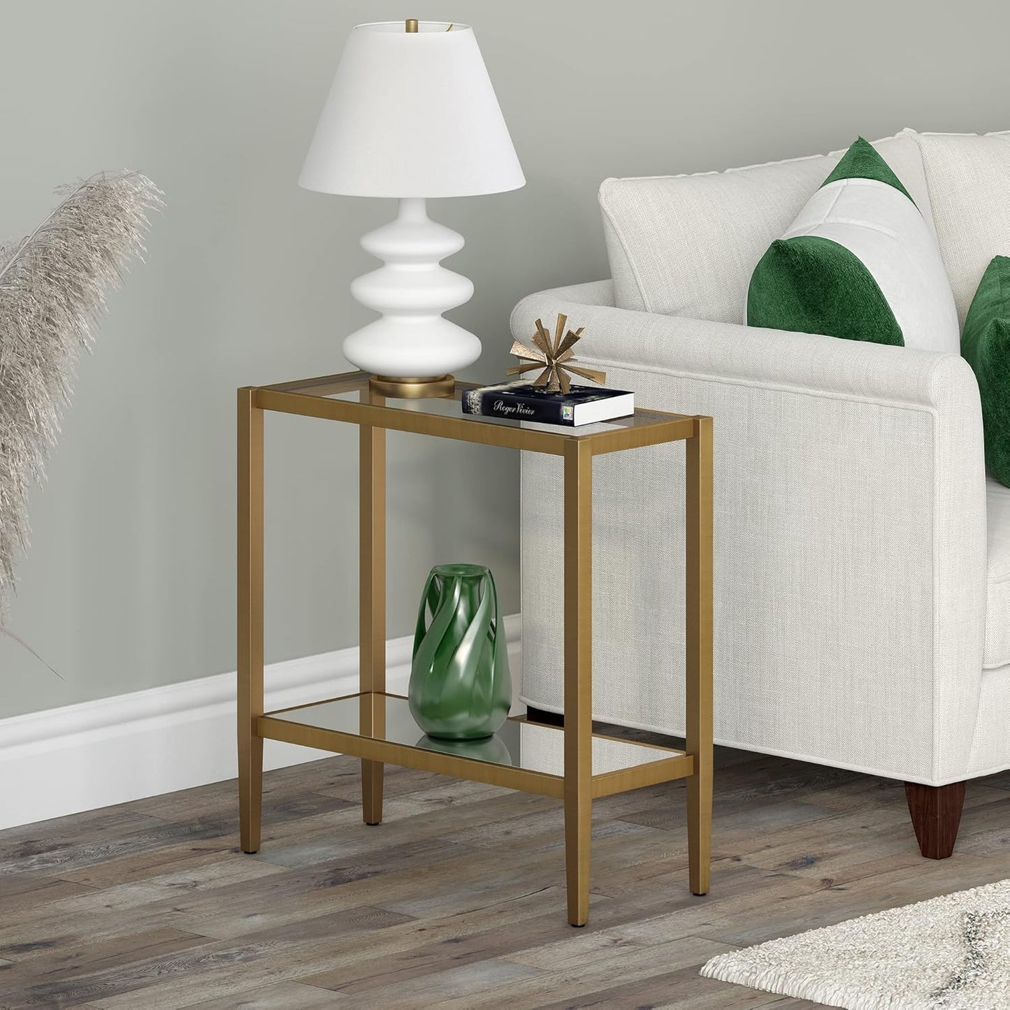 Henn&Hart 24" Wide Rectangular Side Table with Glass Shelf in Antique Brass, Table for Living Room, Bedroom