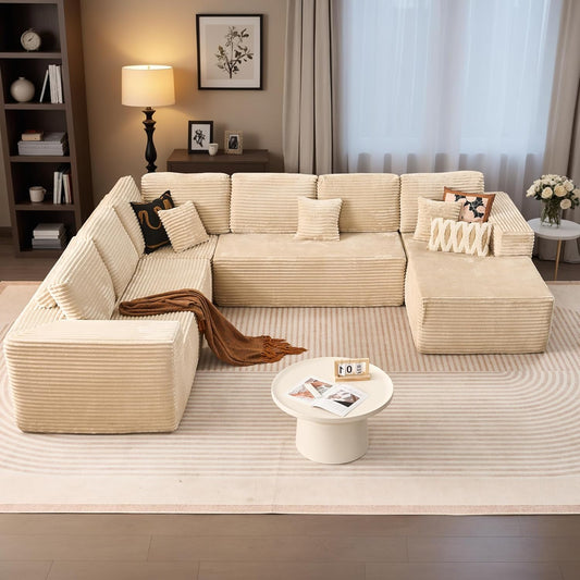 HOOOWOOO Cloud Sectional Couches for Living Room,Modular Sectional Sofa No Assembly,133X108 Inch Plush Corduroy Large U Shaped Floor Couch Set with Deep Seat Right Chaise(Beige)