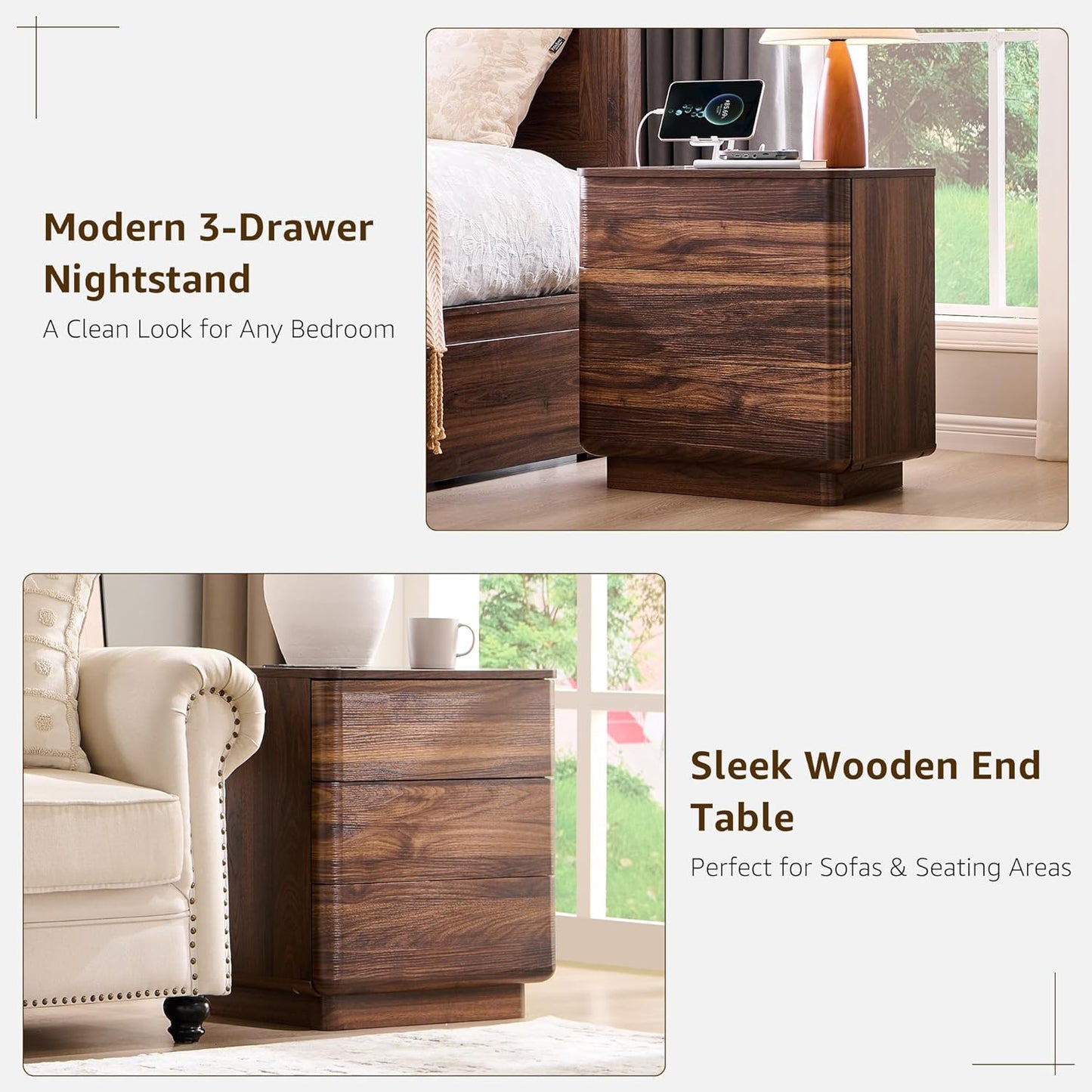 JXQTLINGMU 22" Modern Nightstand with Charging Station, Large Push-to-Open End Table, Wood Bedside Table w/Curved Profile Design, Handleless 3 Drawer Night Stand for Bedroom, Living Room, Brown