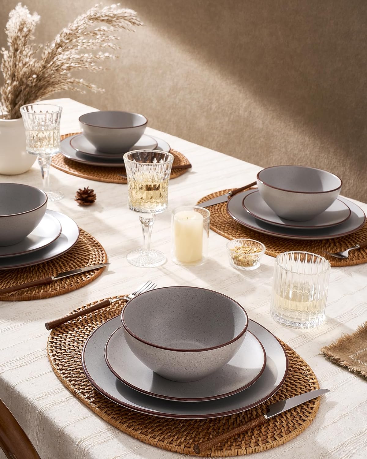 Famiware Venus Plates and Bowls Sets, 18 Pieces Stoneware Dinnerware Sets, Speckled Dishes Set for 6, Microwave and Dishwasher Safe, Matte Light Grey
