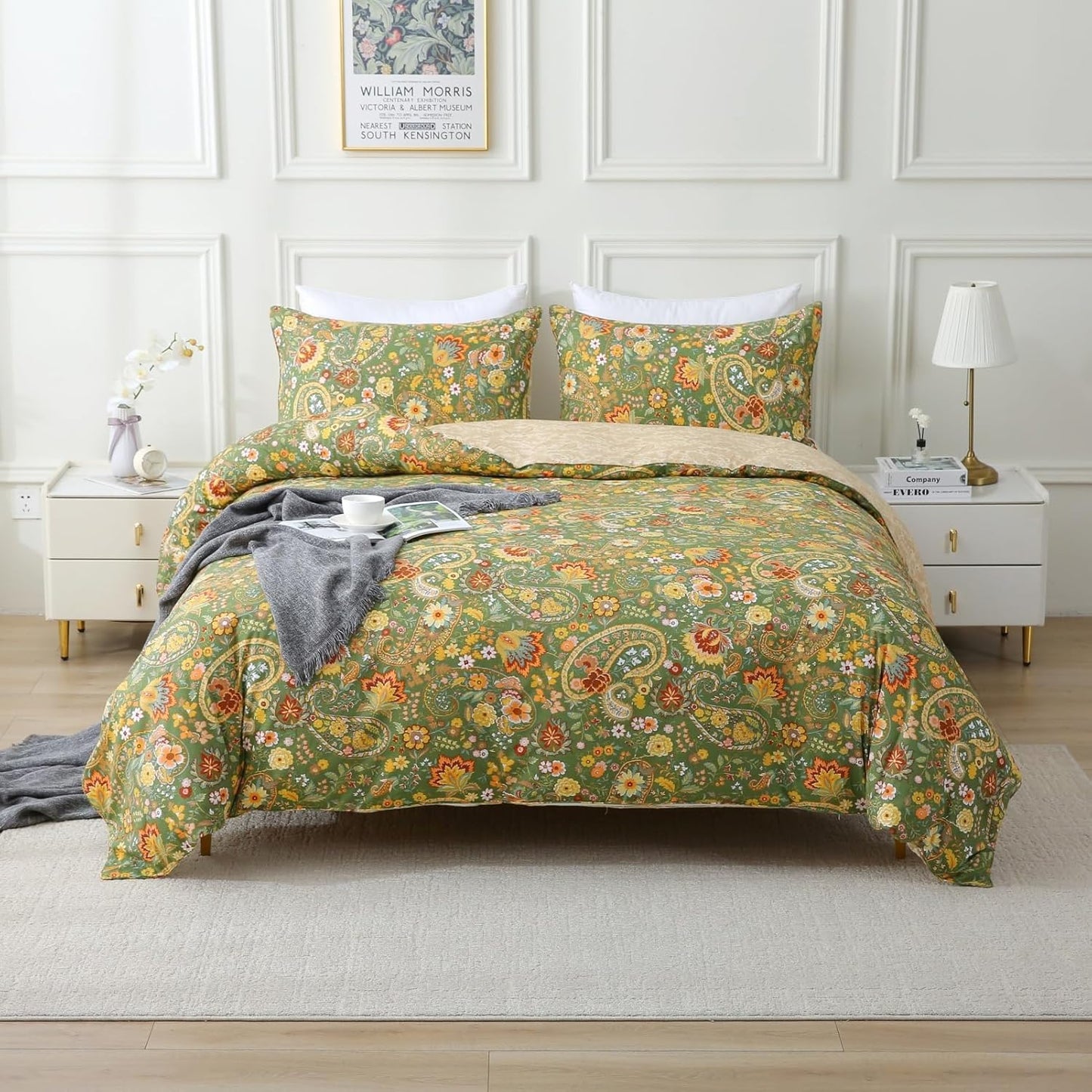 ABREEZE Paisley Bedding Sets 3Pcs Brushed Cotton Duvet Cover Set King Size Rustic Damask Green Floral Comforter Cover with Zipper Closure Boho Bedding Collections
