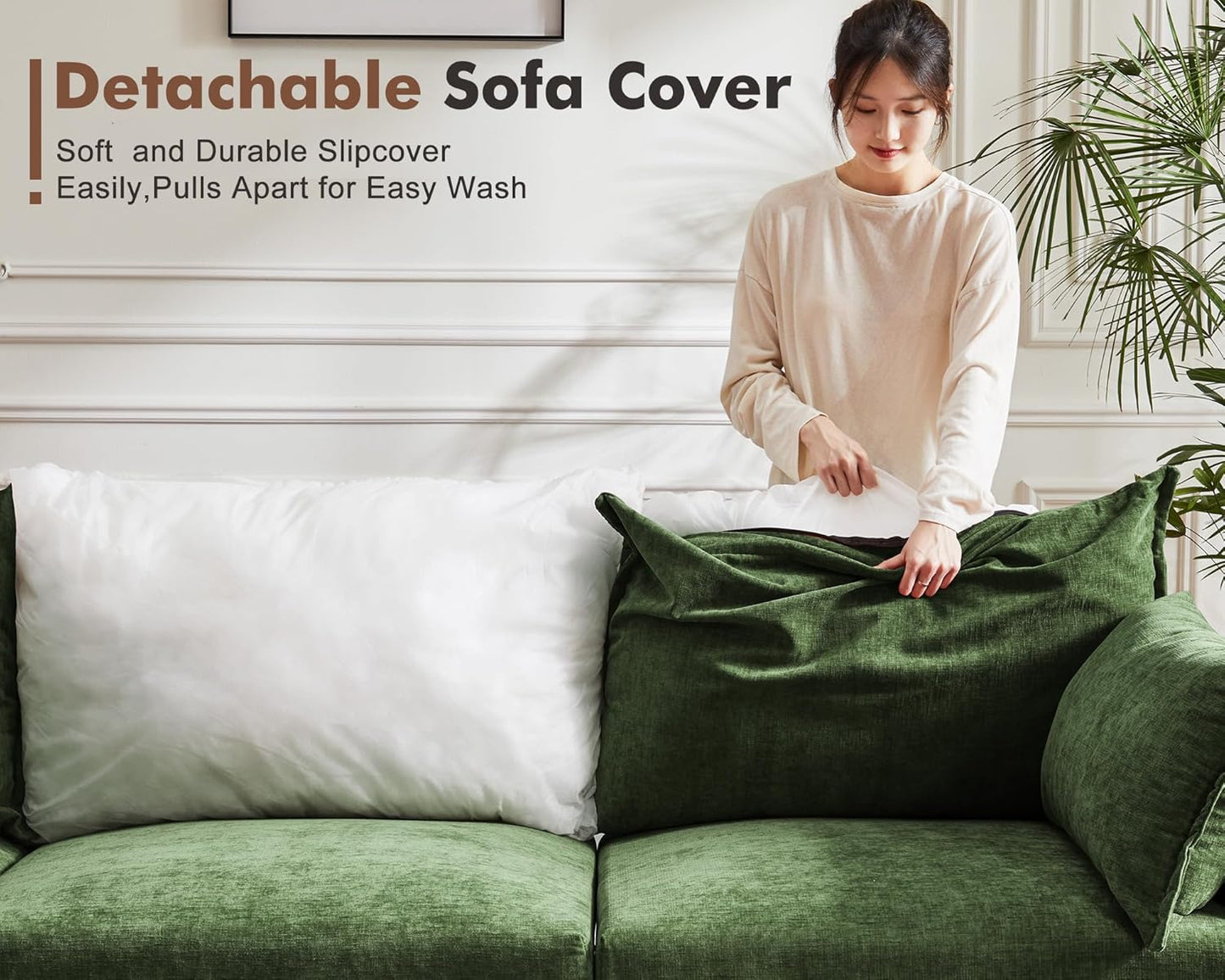 Oversized Accent Chair, Upholstered Modern Sofa Chair with Removable Backrest & Detachable Cover, 24.5" Deep Seat Large Reading Armchair for Living Room Bedroom Office - Chenille Green Set of 1