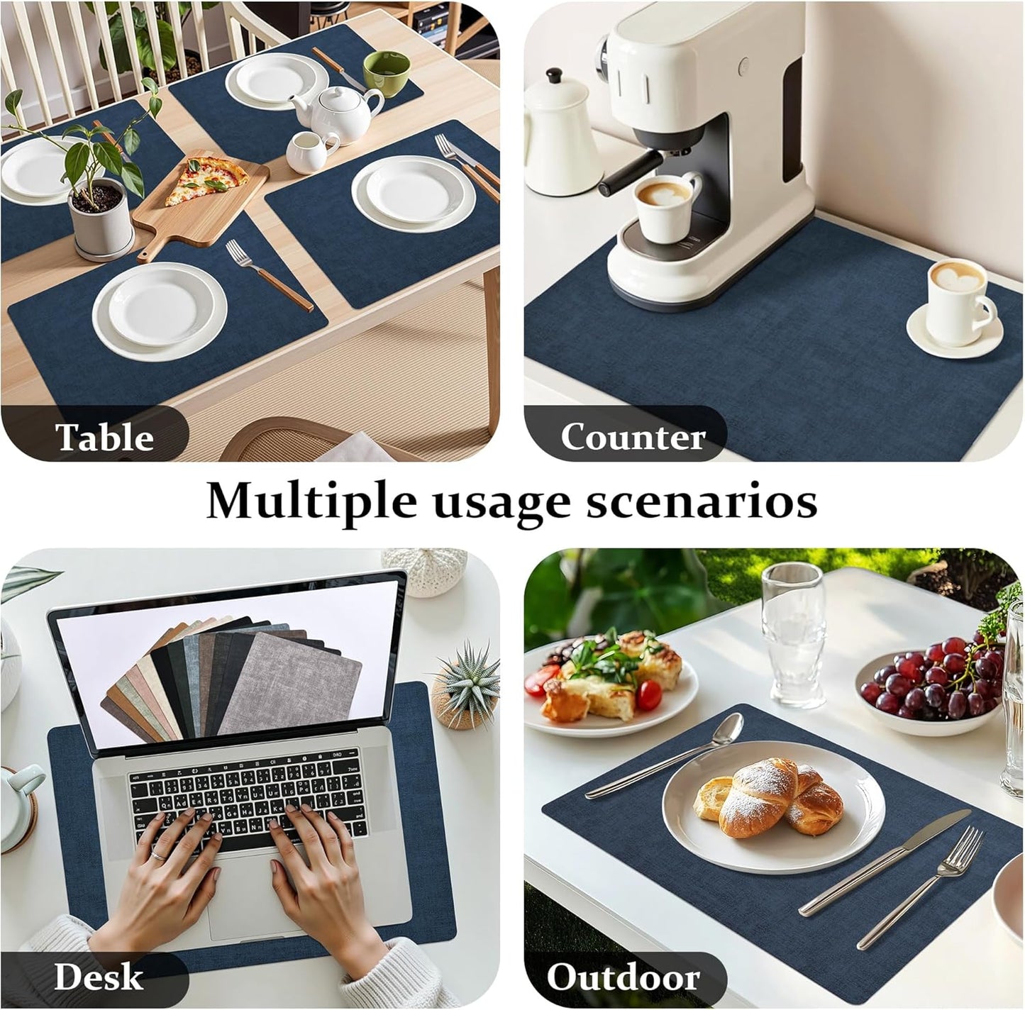FROMHEART Faux Leather Placemats Set of 8–Waterproof,Heat/Oil Stain-Resistant PU Table Mat–Reversible,Non-Slip,Easy to Clean Place Mats for Kitchen,Dining,Indoor/Outdoor,(Dark Blue,11.8" x 17")