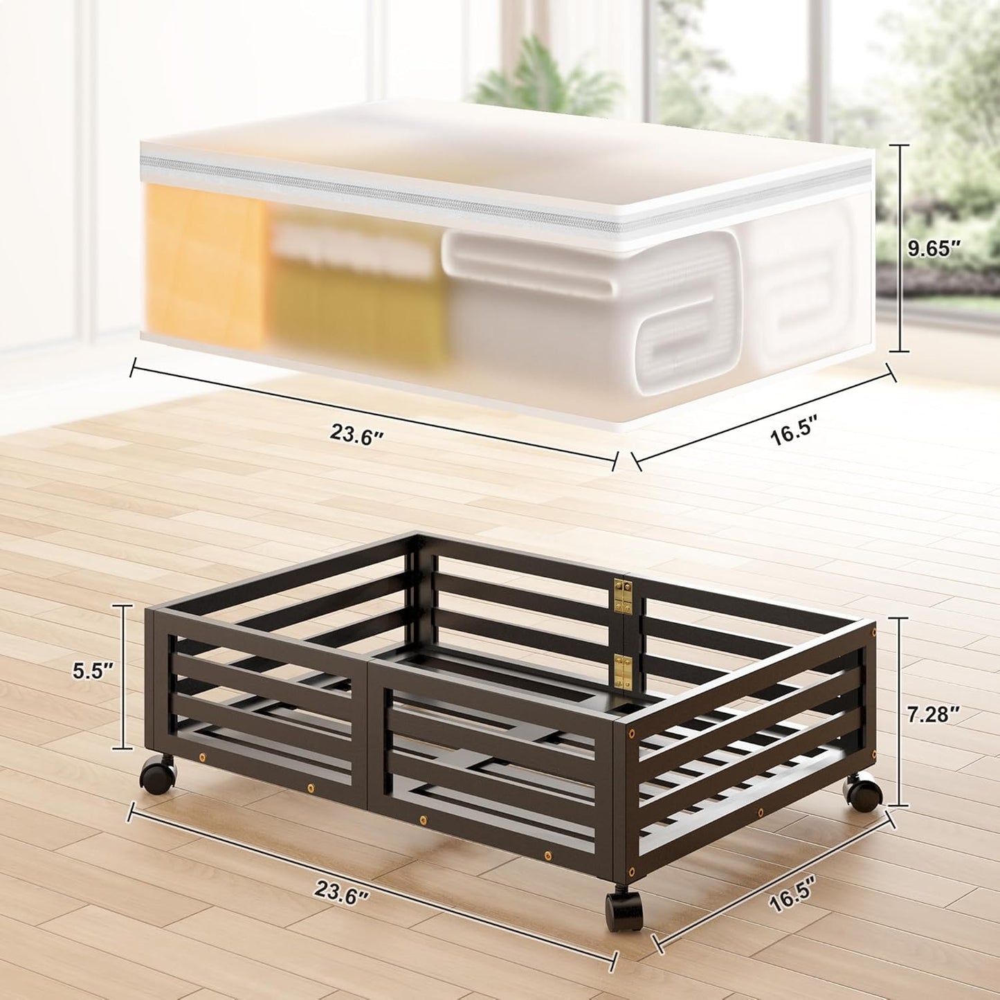 Under Bed Storage Containers With Wheels - 2 Pcs Bamboo Wood Rolling Underbed Shoe Storage Bins With Dust Bags for Clothes Blankets, Duvet Covers Snacks Toys (Black)