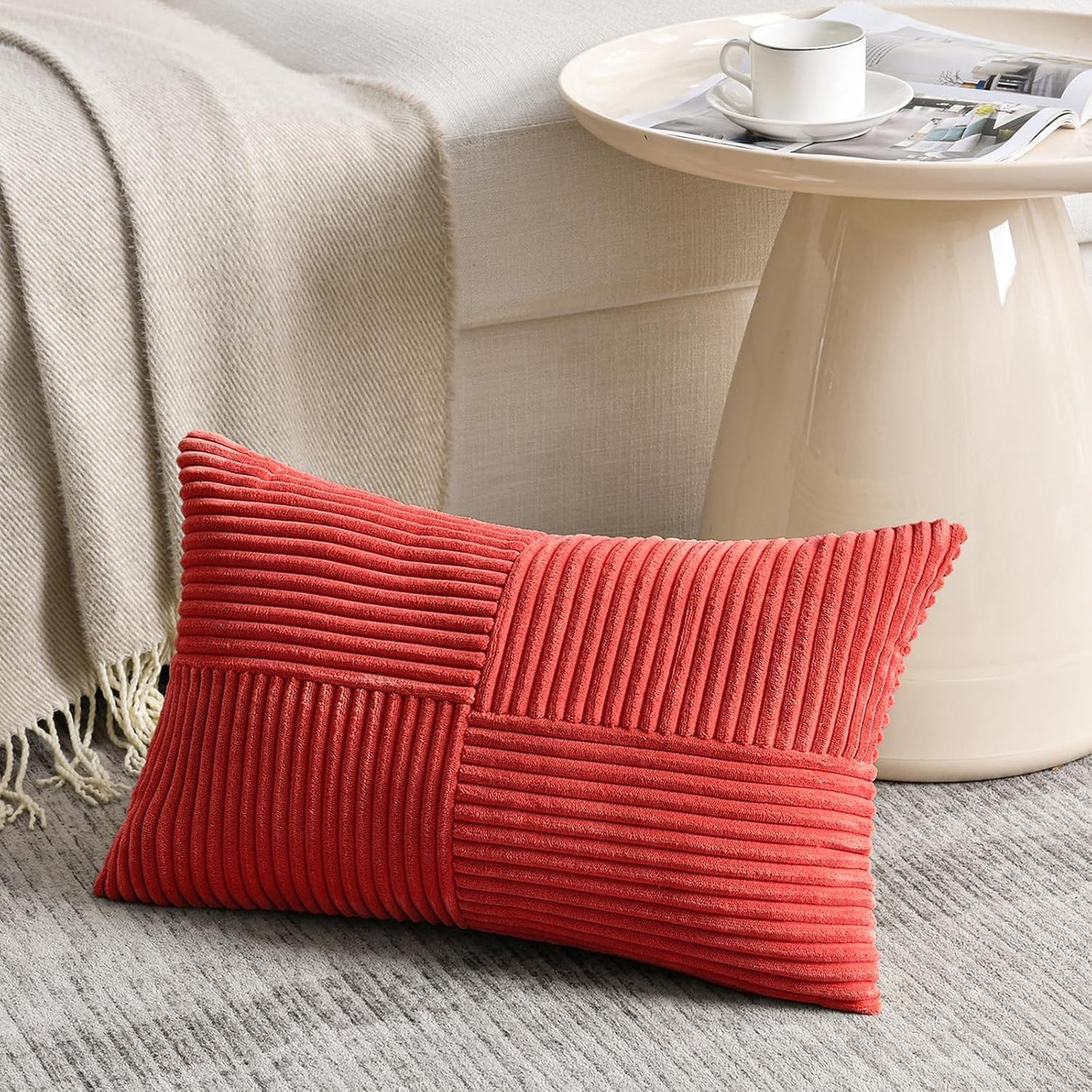 Fancy Homi 2 Packs Red Lumbar Decorative Throw Pillow Covers 12x20 Inch for Living Room Couch Bed Sofa, Holiday Christmas Home Decor Gift, Soft Striped Corduroy Rectangle Accent Cushion Case 30x50 cm
