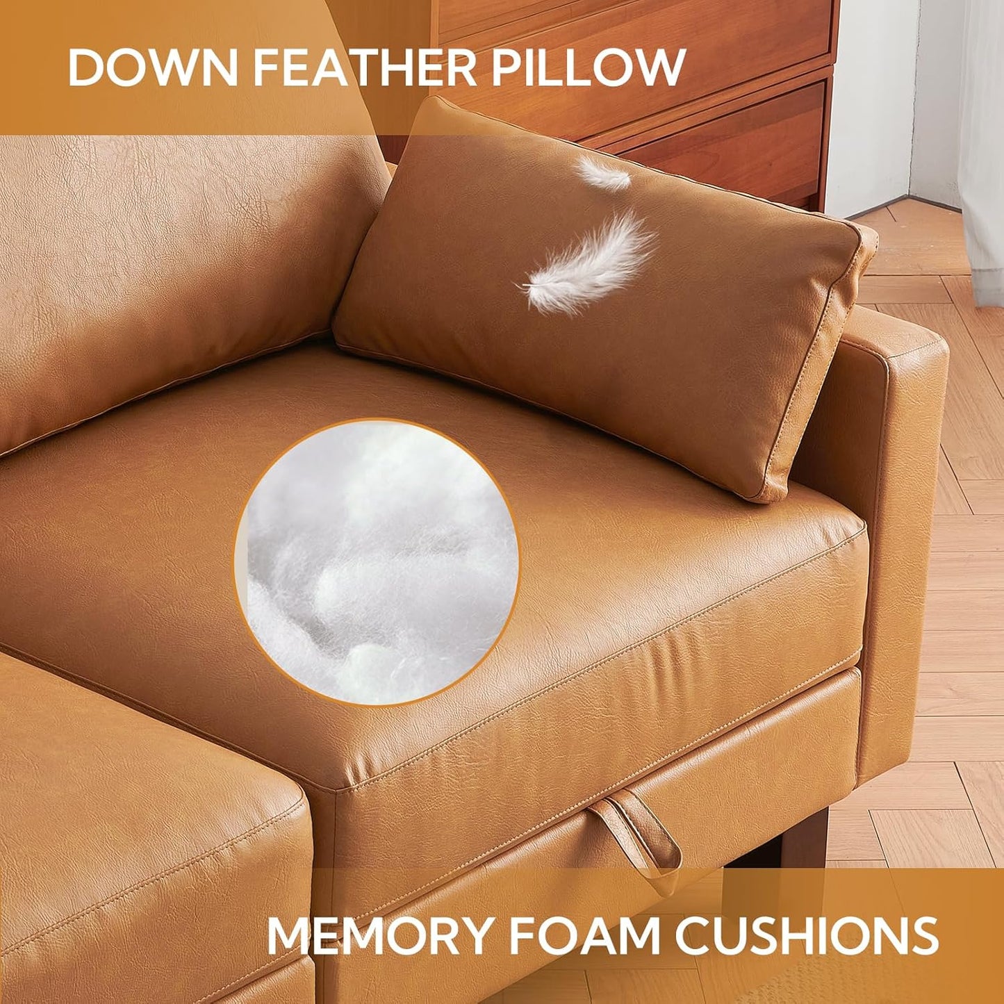Faux Leather Modular Sofa Couch 128" Modern 7-Seat Sofa with Chaises, Upholstered Sectional Couch with Wood Square Legs for House, Living Room, Reception Room, Apartment, Tan