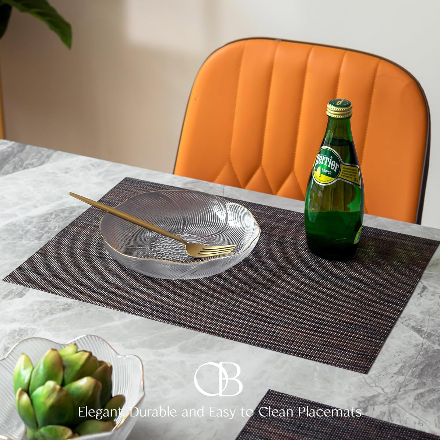 Placemats Set of 6 - Easy Clean Woven Vinyl Placemats for Dining Table, Indoor/Outdoor Place Mats, Washable PVC Table Mats（Black/Brown）