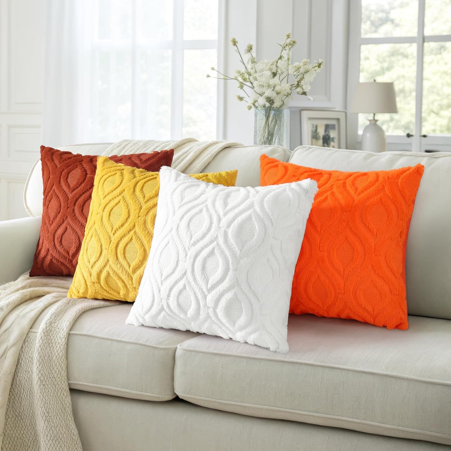 decorUhome Fall Throw Pillow Covers 18x18 Inch Set of 2, Soft Plush Decorative Faux Fur Rust Solid Couch Pillow Covers, Accent Farmhouse Neutral Square Euro Pillow Cases for Sofa Bed Living Room