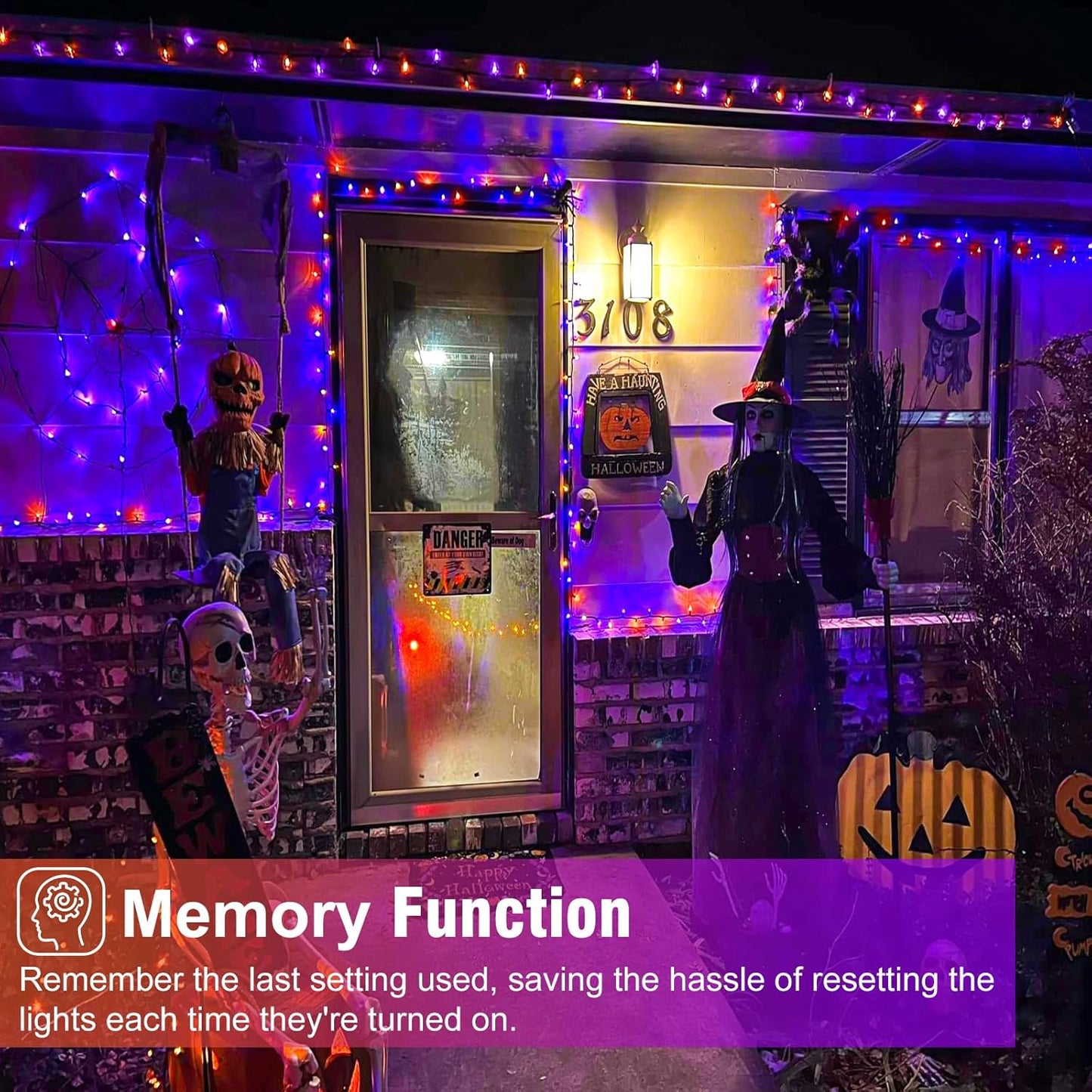 Purple and Orange Halloween Lights, 100FT 300 LED String Lights for Outside with 8 Modes Waterproof, Plug in Green Wire Twinkle Light for Indoor Tree Patio Garden Party House Holiday Decor