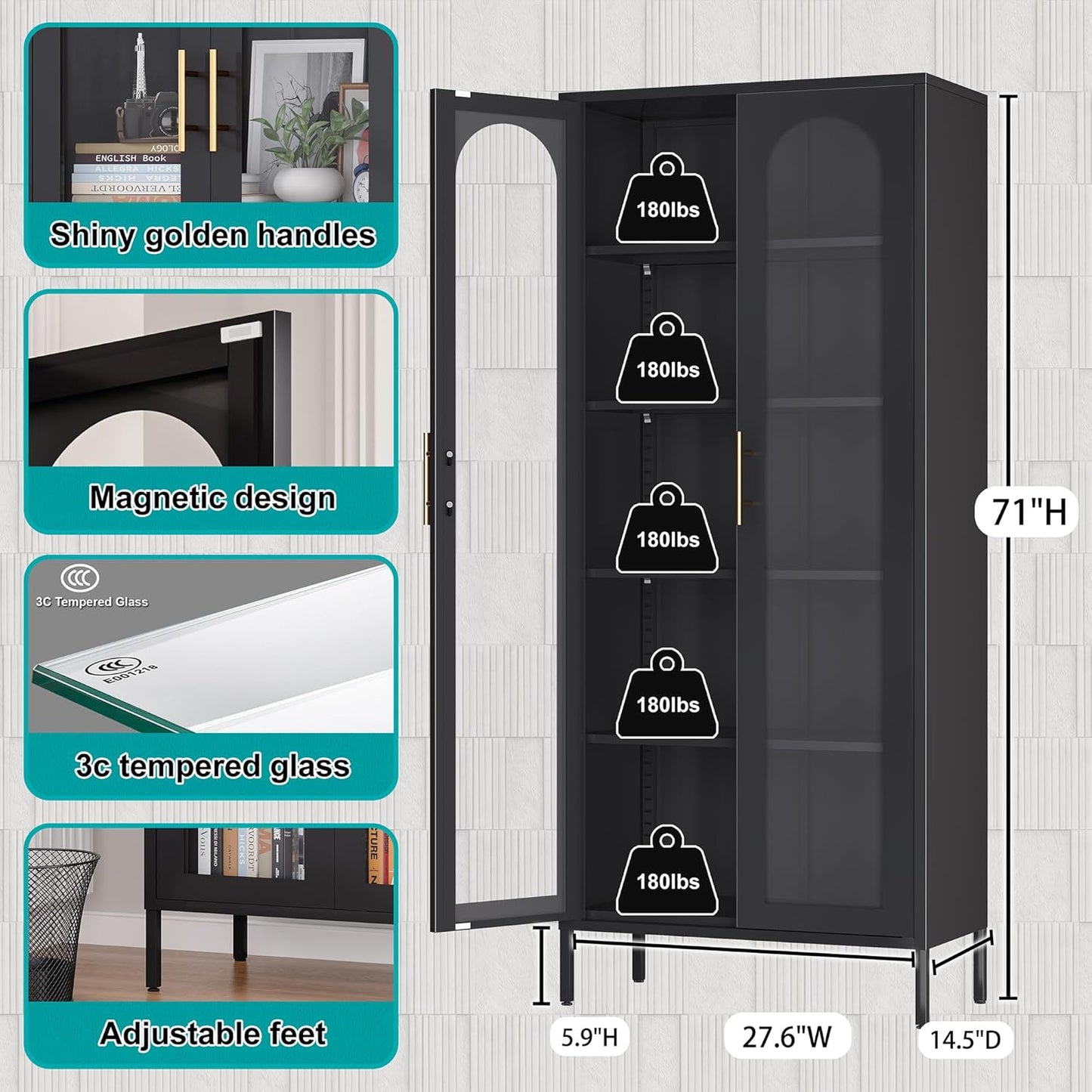 71" Tall Display Cabinet, 5-Tier Bookshelf with Doors & Adjustable Shelf, Modern Storage Cabinets Ideal for Book, Wine, Collectibles, Free Standing Bookcase for Home, Office, Living Room