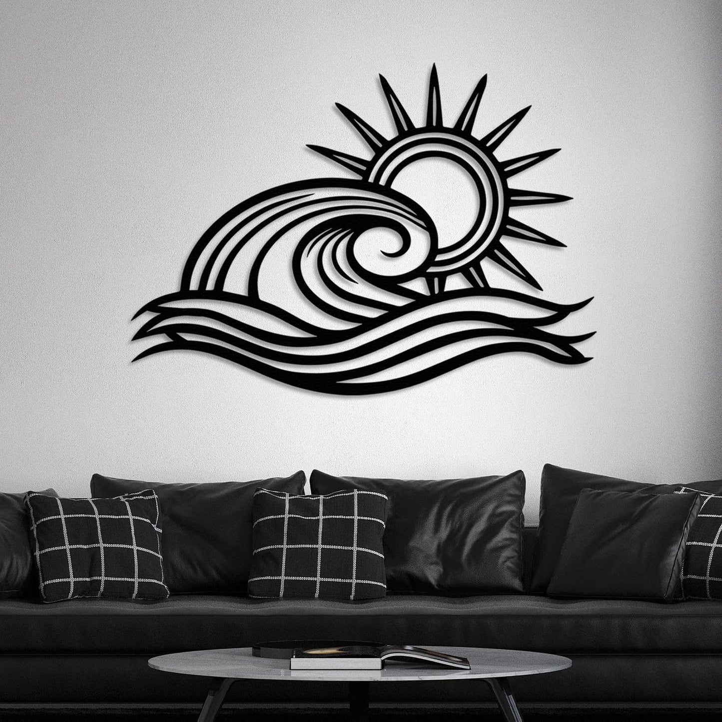 Wita Home Ocean Wave Metal Wall Art, Sun Beach Decor, Coastal Large Wall Sculpture for Home, Indoor/Outdoor Use, Nautical Wall Hanging, Eye-Catching Addition to Living Room (Silver, 32 x 19 inches)