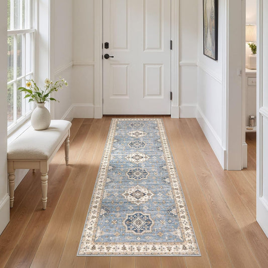 Washable 2x6 Runner Rug - Area Rugs Neutral Vintage Distressed Floral Farmhouse Boho Large Soft Floor Rug Indoor Carpet for Hallway Entryway Bedroom Kitchen - Blue