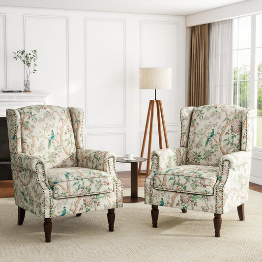 UIXE High Back Accent Chairs Set of 2, Fabric Upholstered Armchair for Living Room, Retro Printed Wingback Arm Chair Rivet Trimed Single Sofa Bedroom Reading Seat - Bird Floral