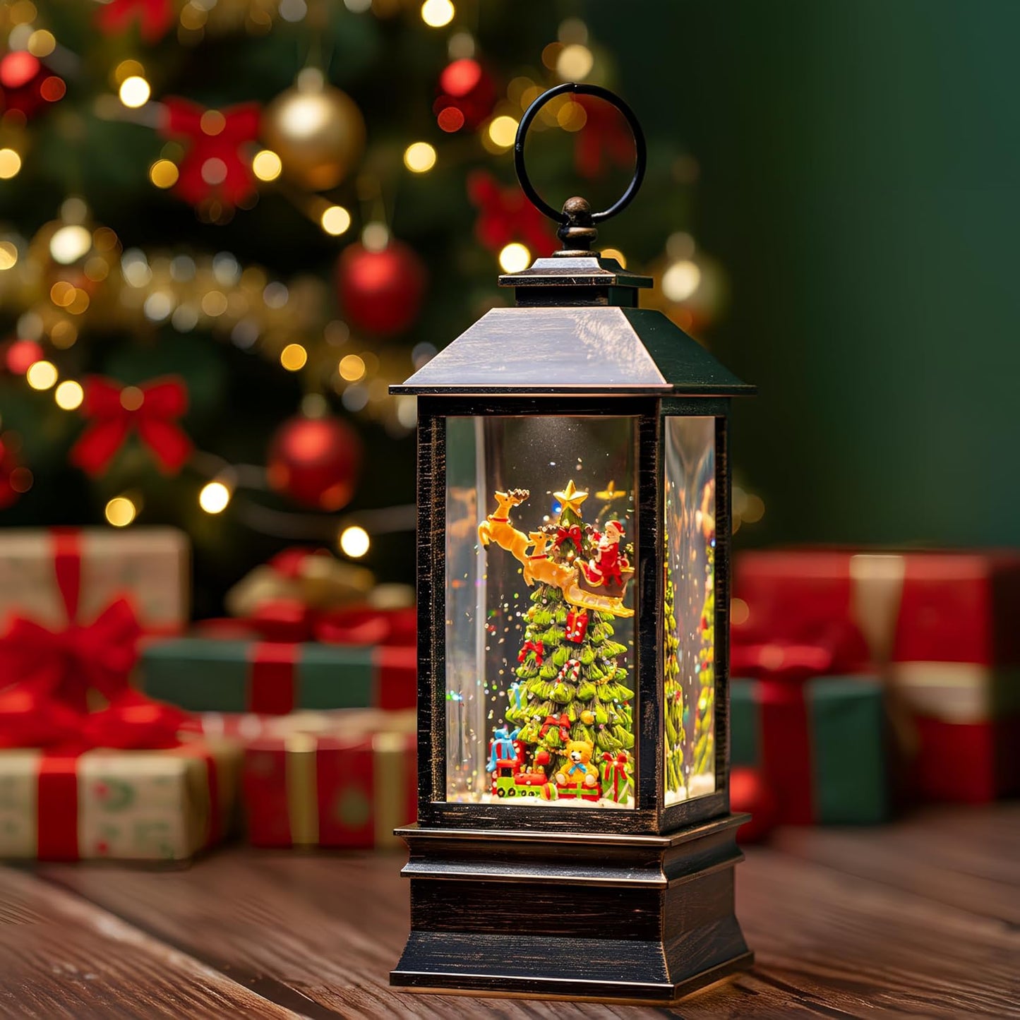 10'' Musical Snow Globe Lantern Lighted Christmas Tree and Flying Santa Water Lantern Swirling Glittering Home Decoration and Gift, Battery Operated or USB Powered