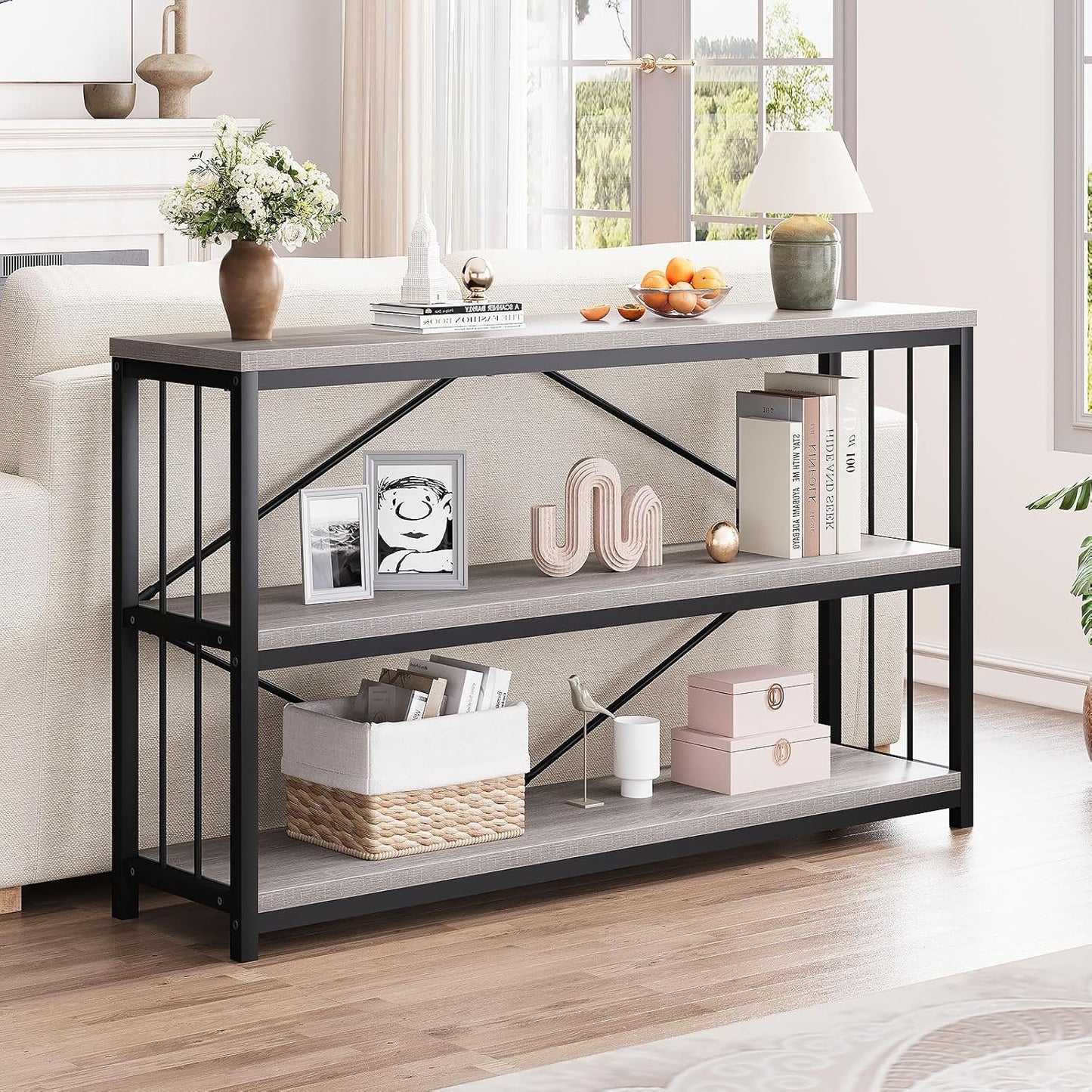 LVB Farmhouse Entryway Table, Metal Wood Console Table for Hallway, Industrial Rustic Sofa Table with 3-Tier Storage Shelf, Modern Entry Table for Foyer Front Home Living Room, Light Grey Oak, 47 inch