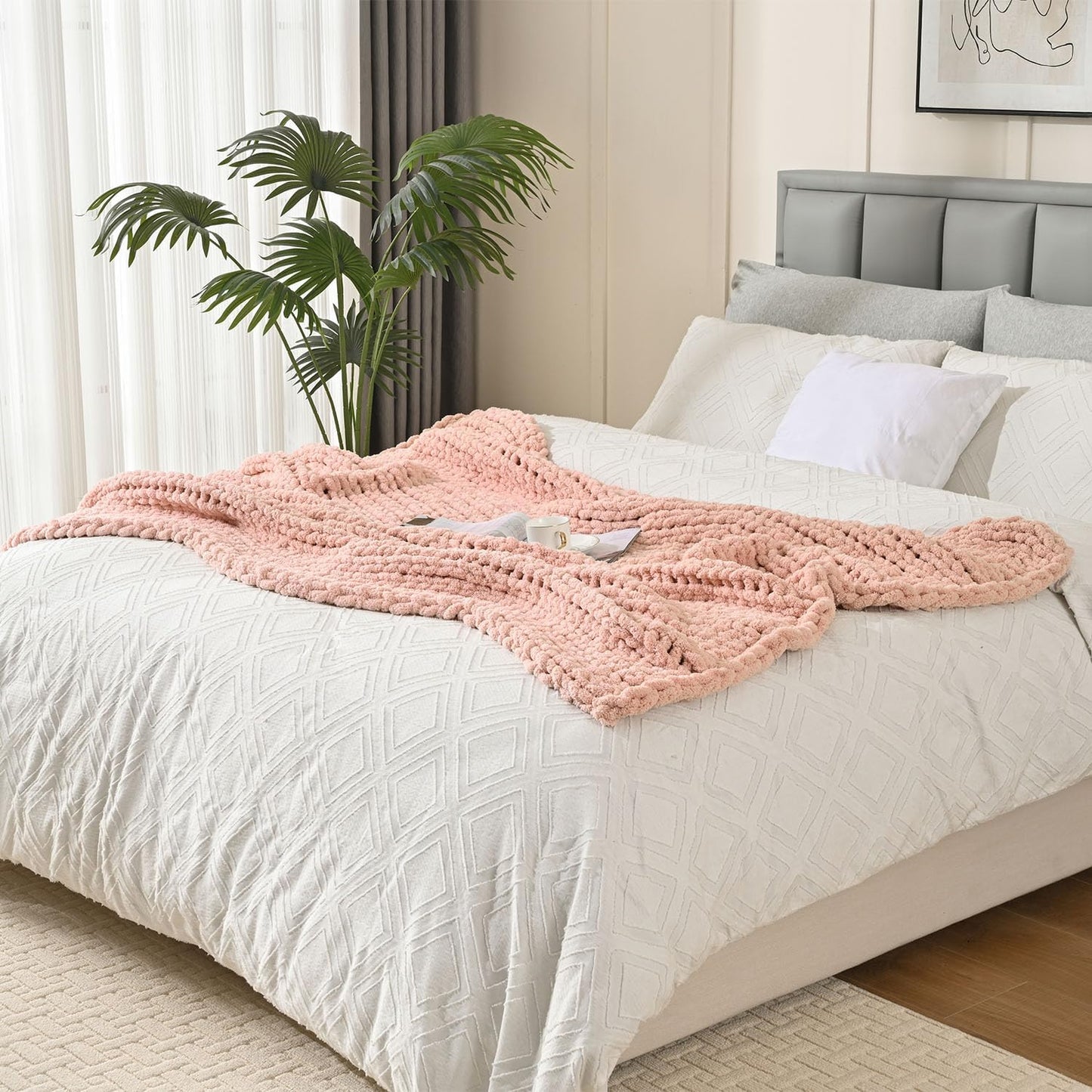 Esterra Chunky Knit Blanket Throw 60"x80", 100% Hand Knitted Chenille Throw Blanket, Cozy Soft Thick Cable Knit Throw Large Rope Knot Crochet Throw Blanket for Sofa Couch Bed, Dusty Pink