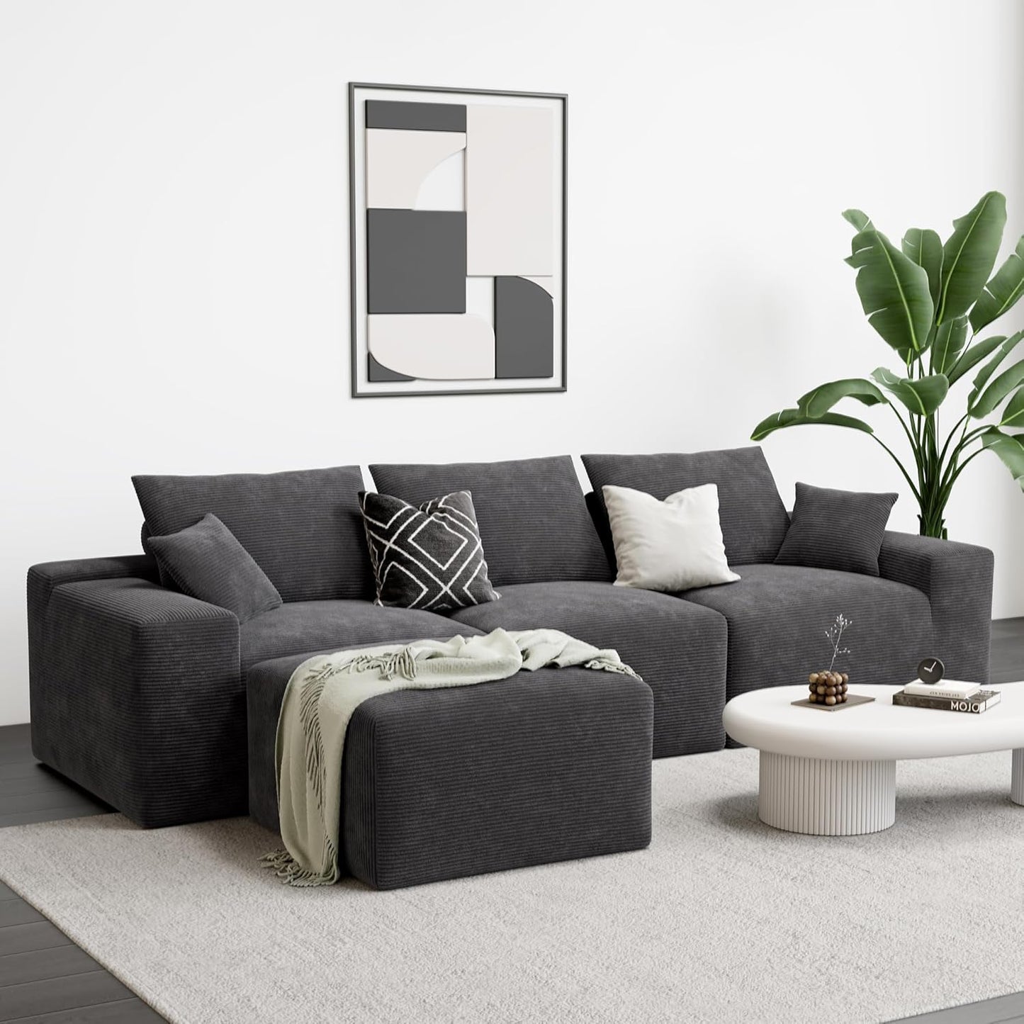 LIKIMIO 120" Modern L-Shaped Modular Sectional Sofa for Living Room, Corduroy Upholstery Dark Grey, Oversized 3-Seater Couch with Deep Seat and Movable Ottoman – No Assembly