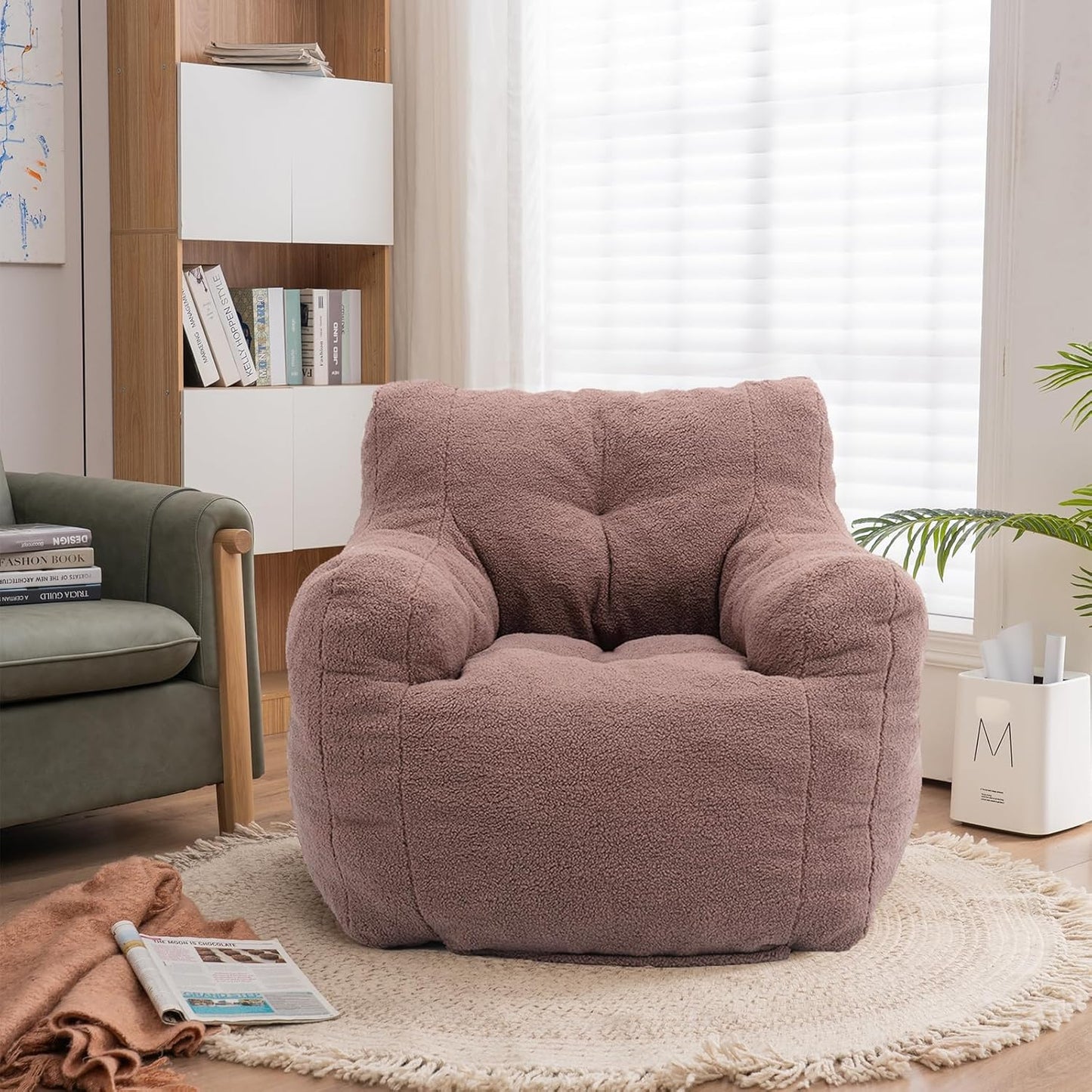 Recaceik Bean Bag Chairs, Tufted Soft Stuffed Bean Bag Chair with Filler, Fluffy Lazy Sofa Chair Lounger, Comfy Giant Bean Bag Chair for Bedroom, Living Room, Brown