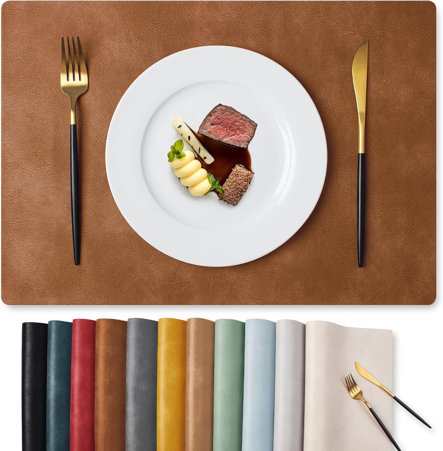 MOSAYT Vinyl Placemats Set of 8-12 X 17 Inch - Fall Faux Leather 100% Waterproof Oil-Proof Wipeable PU Place Mats, Heat Resistant Reversible Table Mats for Kitchen, Dining, Outdoor (Reddish Brown)