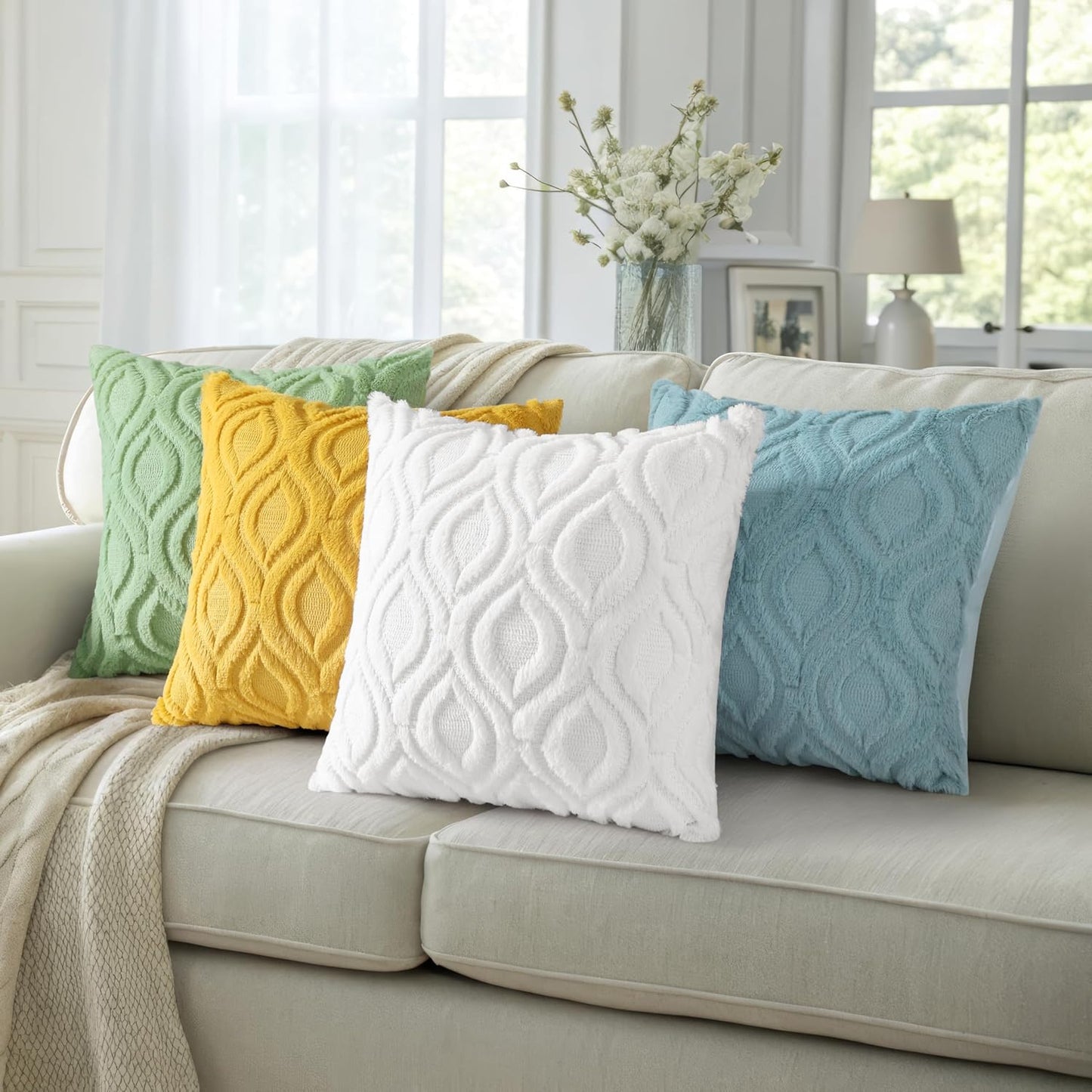 decorUhome Fall Throw Pillow Covers 24x24 Inch Set of 2, Soft Plush Decorative Faux Fur White Solid Couch Pillow Covers, Accent Farmhouse Neutral Square Euro Pillow Cases for Sofa Bed Living Room