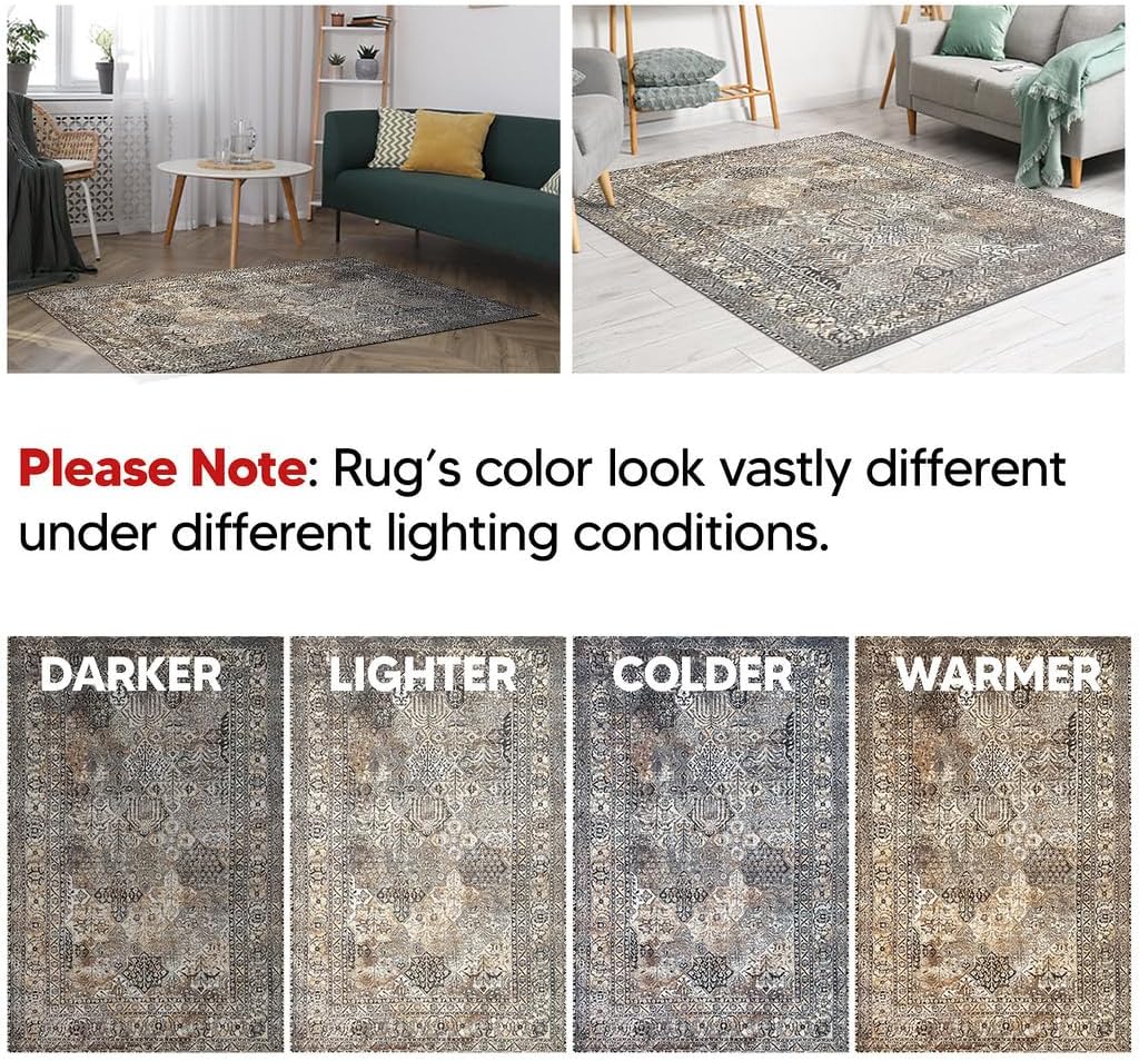 Keen Home Design 5x7 Rug - Machine Washable Area Rug with Non-Slip Backing, Ideal for Living Room, Dining Room, Bedroom - Vintage, Easy Clean, Durable, Low Pile Rug - (5' x 7')