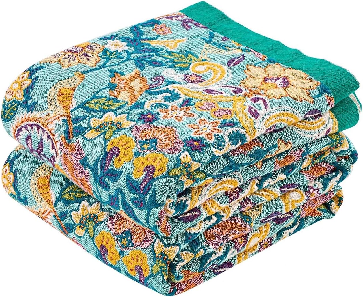 Boho Blanket Throw Quilt, 100% Cotton Soft Light Weight Throw Blankets for Summer, 50"x60" Farmhouse Flower Decorative Blankets, All Season Rustic Reversible Bohemian Throw Quilt