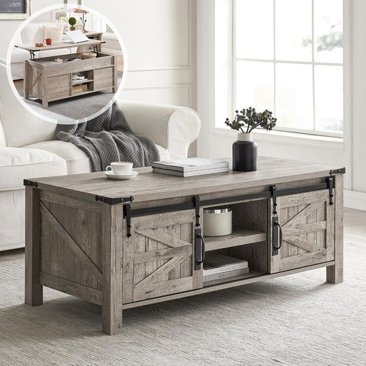 OKD 48" Farmhouse Lift Top Coffee Table with Sliding Barn Door, Rustic Center Table w/Hidden Storage Compartment, Lift Tabletop Dining Table w/Adjustable Shelf for Living Room,Light Rustic Oak