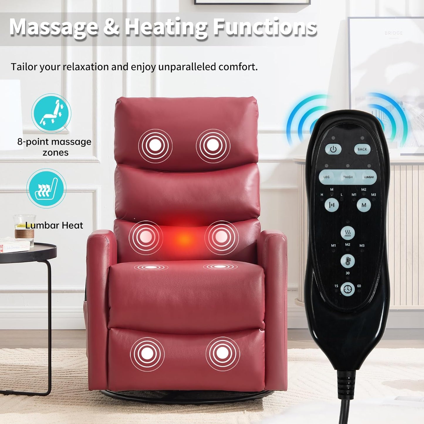 Manual Swivel Rocker Recliner Chair for Adults, Overstuffed Reclining Glider Chair for Nursing with Vibration Massage & Heat, Living Room Rocking Recliner 3-Stage backrest, Faux Leather Red
