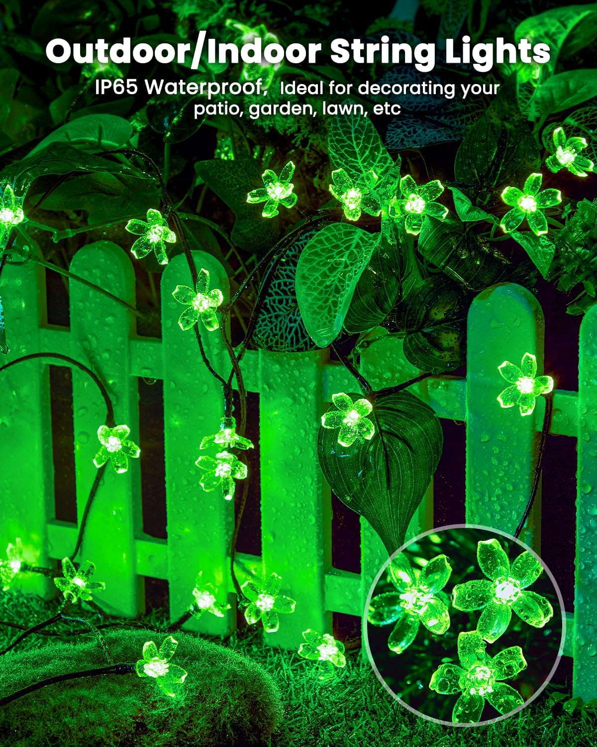 Brightown 2 Pack Total 52FT 120 LED Solar Flower String Lights for Outside Waterproof Fairy Lights for Garden Yard Fence Patio Christmas Tree Wedding Party Decor, Green