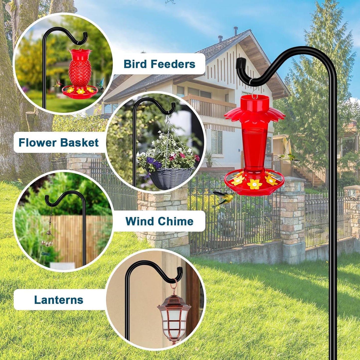 Gtongoko Shepherds Hook for Outdoor, 76 Inch Bird Feeder Pole with 7 Prongs Base, 3/4 Inch Thick Heavy Duty Adjustable Garden Hook for Hanging Plant, Hummingbird Feeder, Lantern, 2 Pack