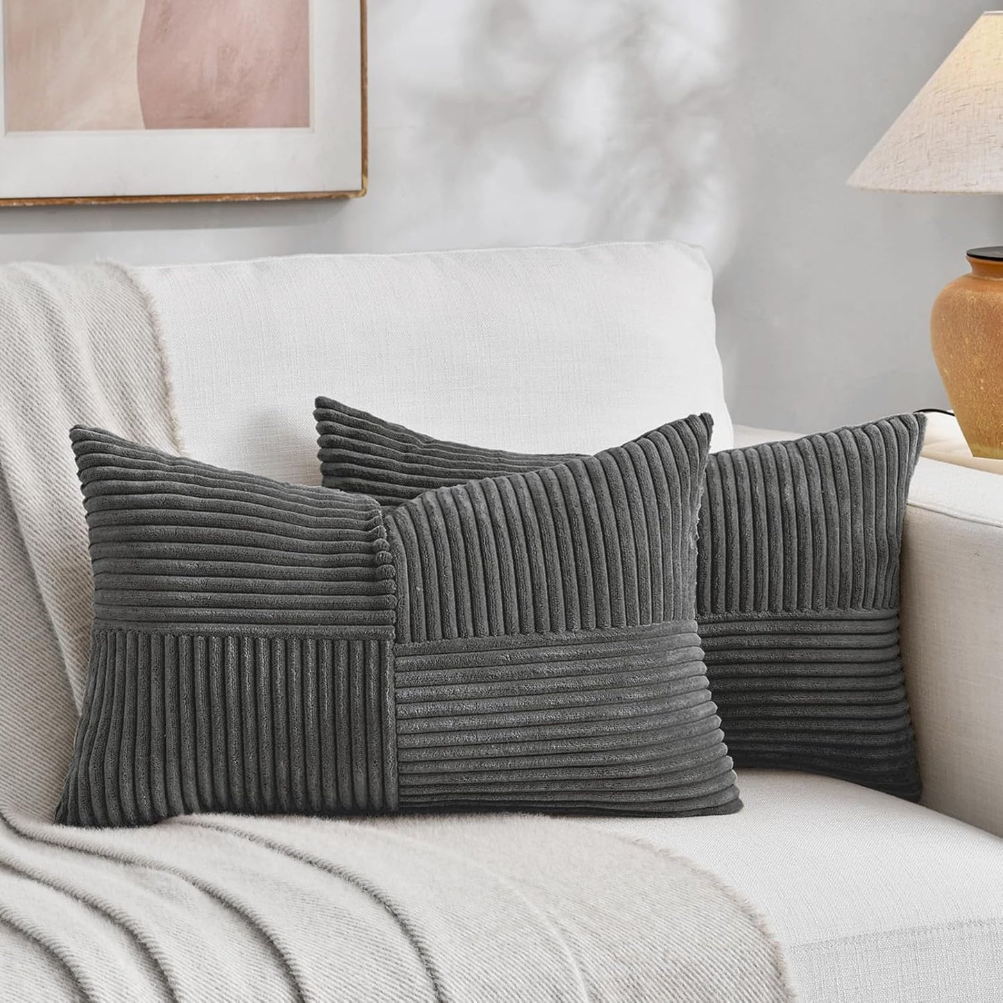 Fancy Homi 2 Packs Dark Gray Lumbar Decorative Throw Pillow Covers 16x32 Inch for Living Room Couch Bed Sofa, Farmhouse Home Decor, Soft Striped Corduroy Rectangle Accent Cushion Case 40x80 cm