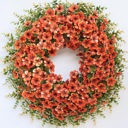 26" Fall Wreath for Front Door, Porch, Window - Large Artificial Boxwood Leaves with Fake Daisy Flowers Outdoor Wreath Faux Eucalyptus for Home Farmhouse Harvest Festival Thanksgiving Day Autumn Decor